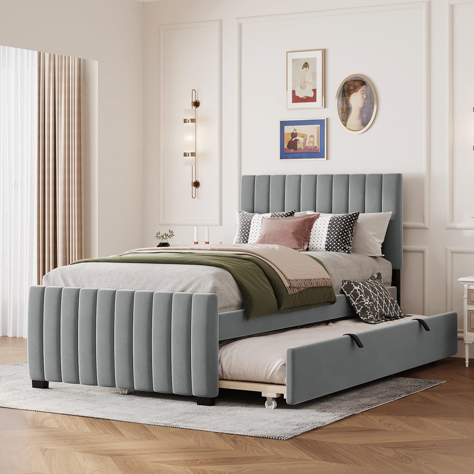 🆓🚛 Twin Size Velvet Upholstered Platform Bed With Twin Size Trundle, Gray
