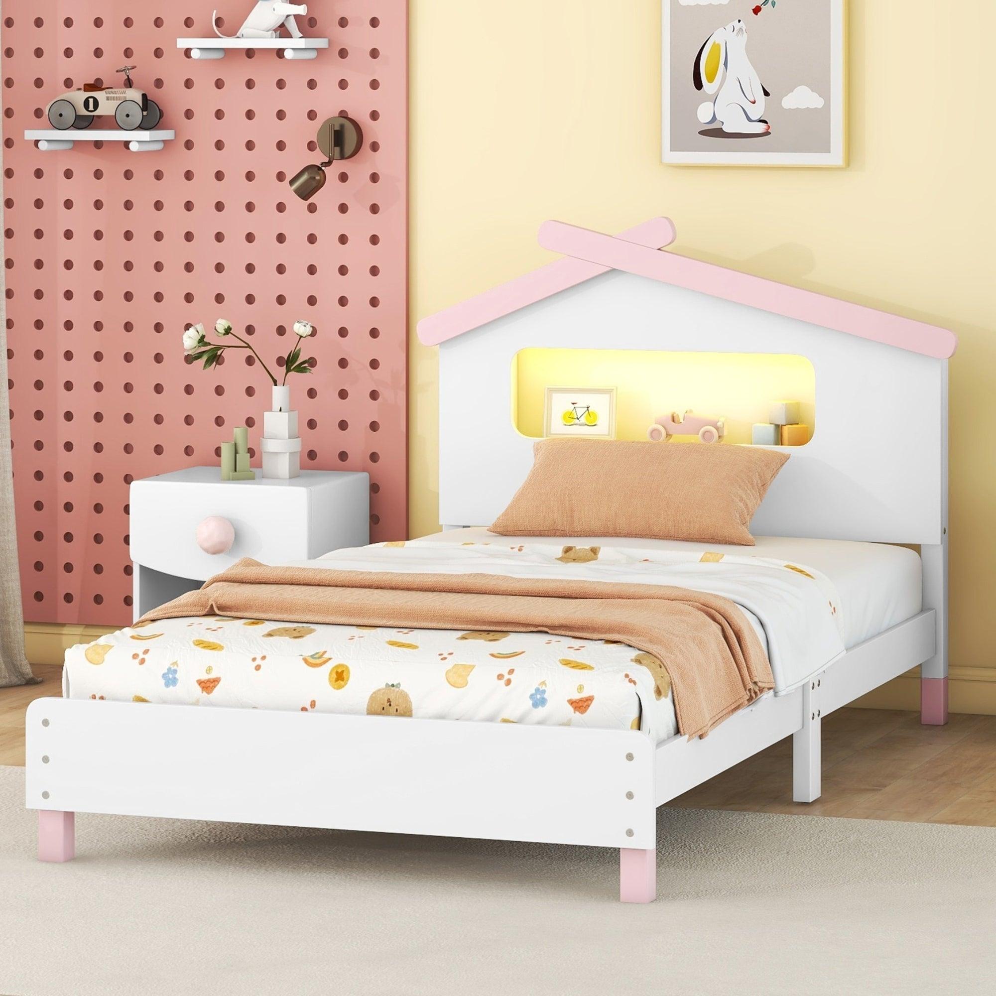 🆓🚛 Twin Size Wood Platform Bed With House-Shaped Headboard & Motion Activated Night Lights (White+Pink)