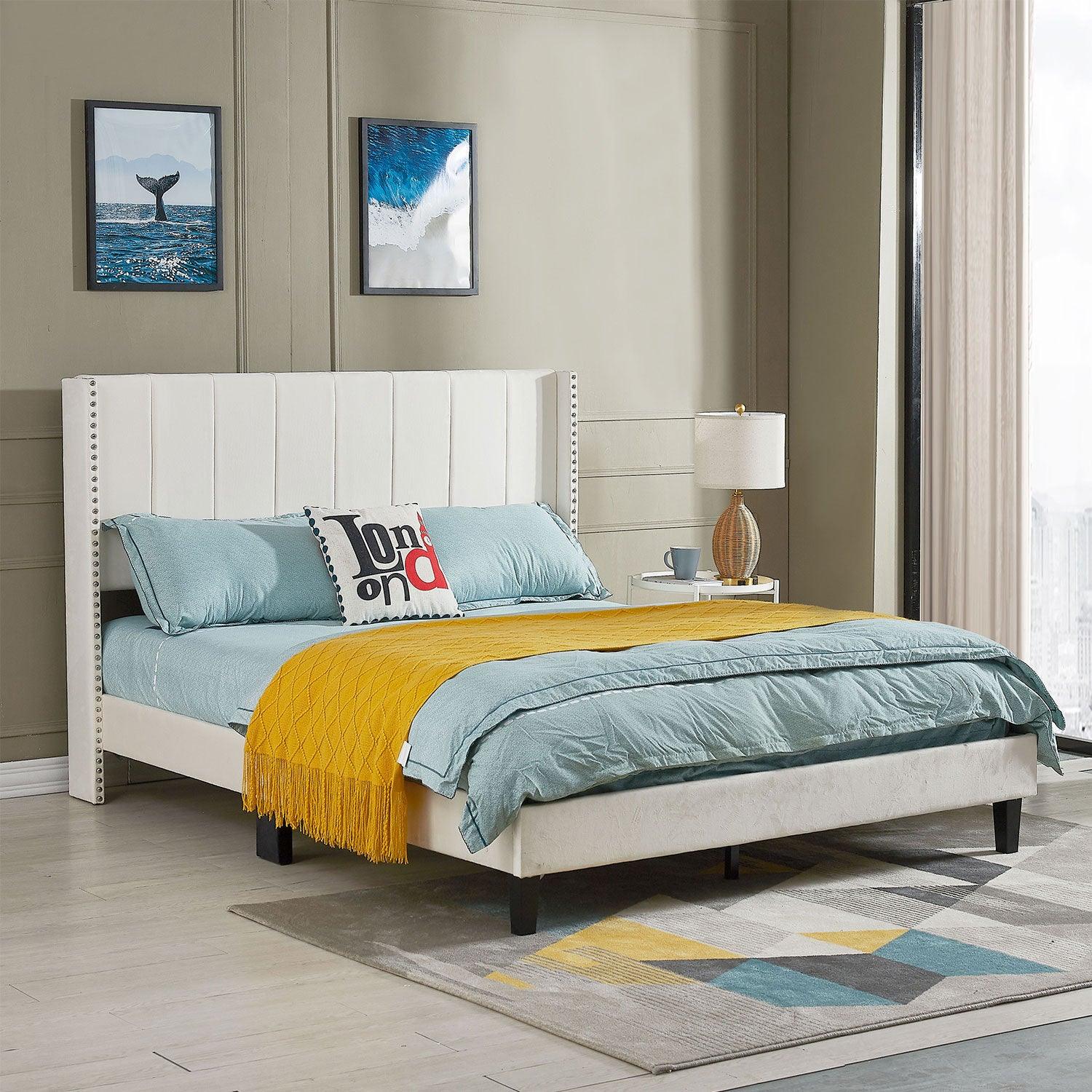 🆓🚛 Queen Bed Frame/Velvet Upholstered Bed Frame With Vertical Channel Tufted Headboard Beige