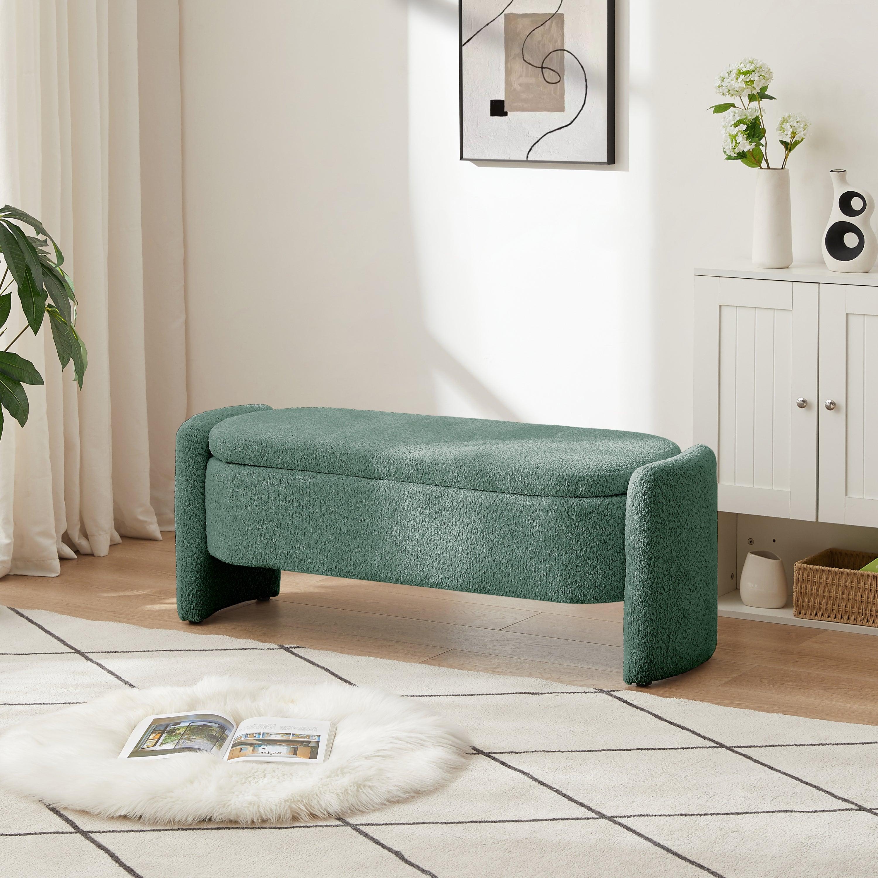 🆓🚛 Ottoman Oval Storage Bench 3D Lamb Fleece Fabric Bench With Large Storage Space for The Living Room, Entryway & Bedroom, Green