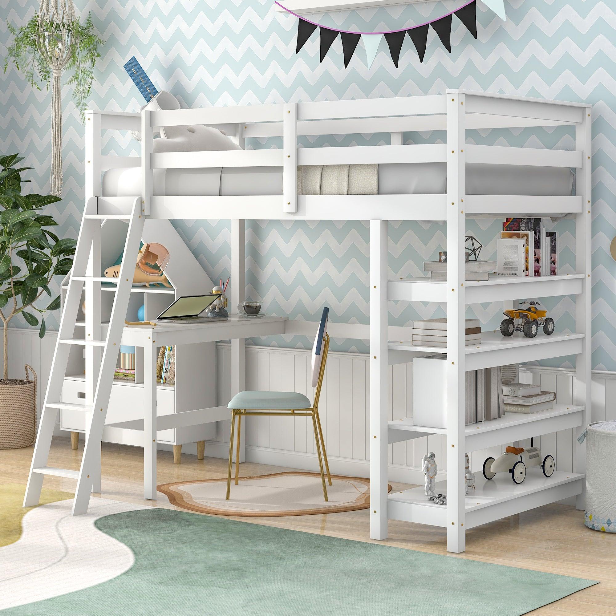 🆓🚛 Twin Loft Bed With Desk, Ladder & Shelves, White