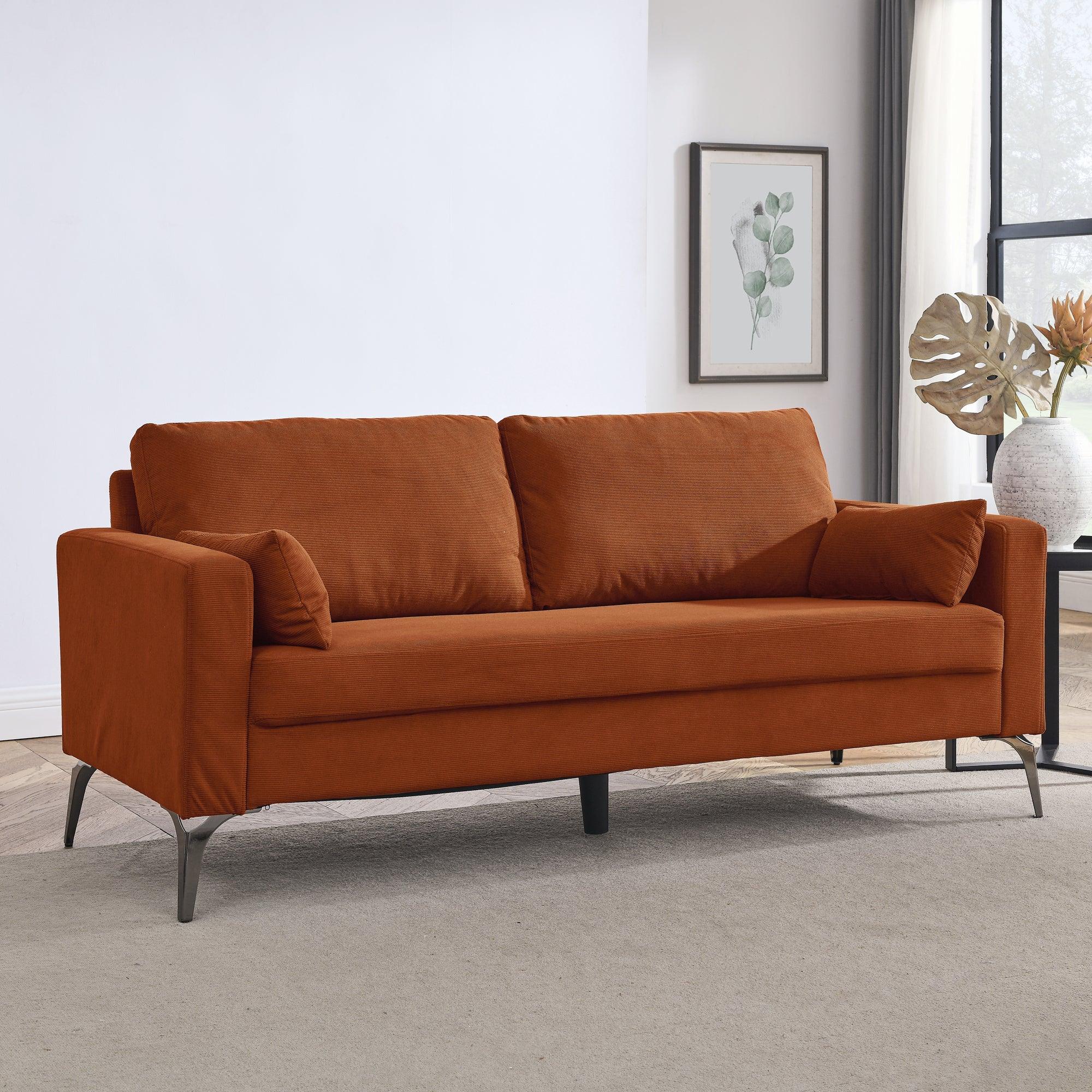 🆓🚛 3-Seater Sofa With Square Arms and Tight Back, With Two Small Pillows, Corduroy Orange