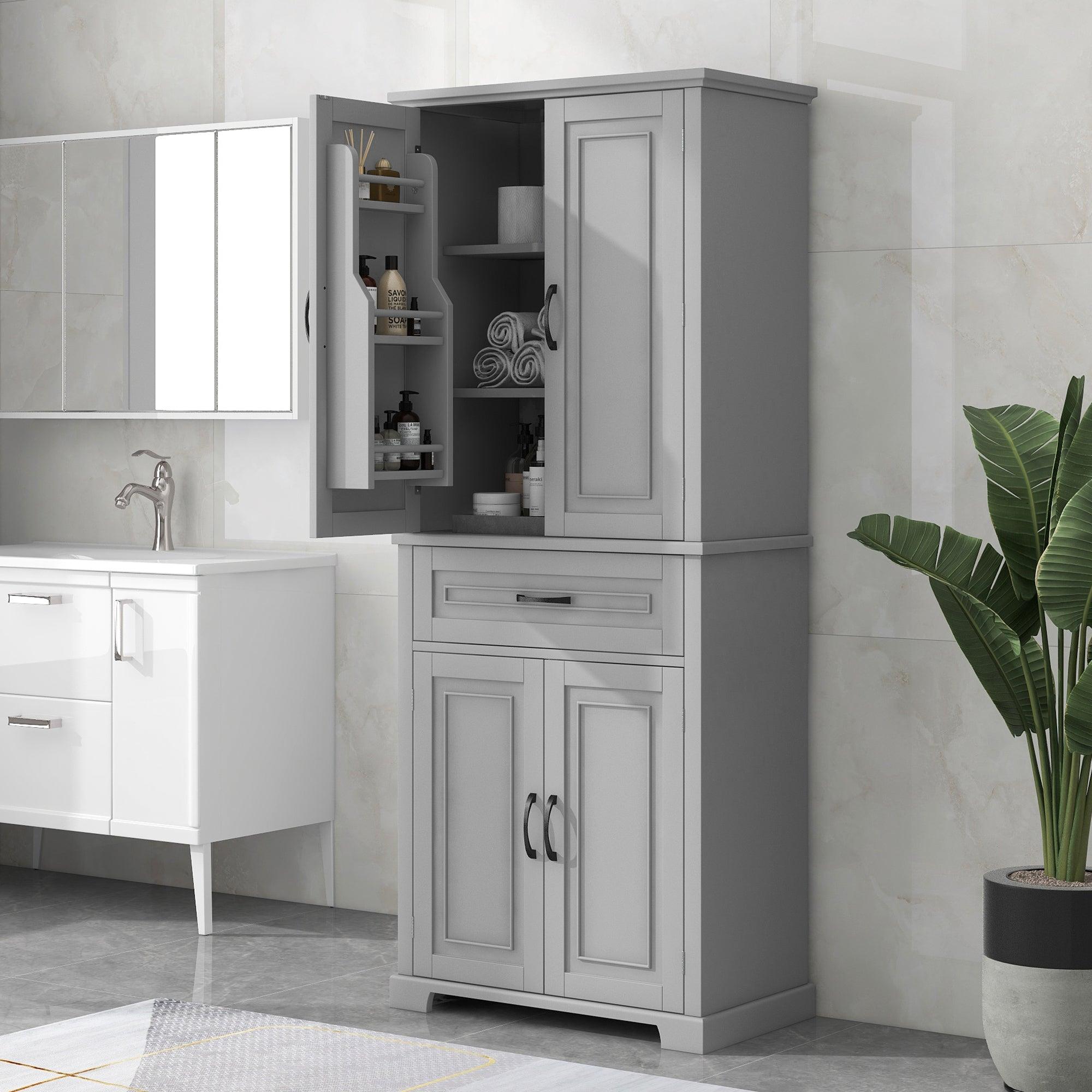 🆓🚛 Bathroom Storage Cabinet With Doors & Drawer, Multiple Storage Space, Adjustable Shelf, Gray