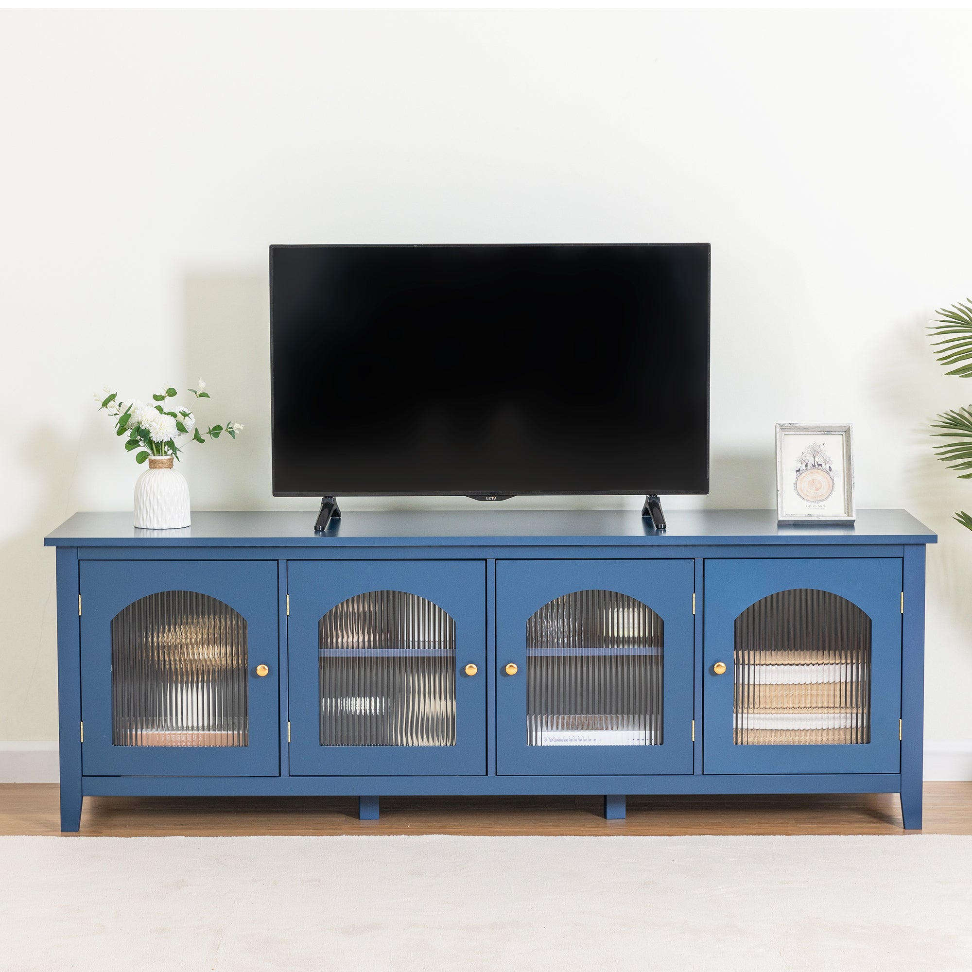 🆓🚛 71 Stylish TV Cabinet Entertainment Center. Media Console, Solid wood Frame, Glass Door, Metal Handle, Antique Blue