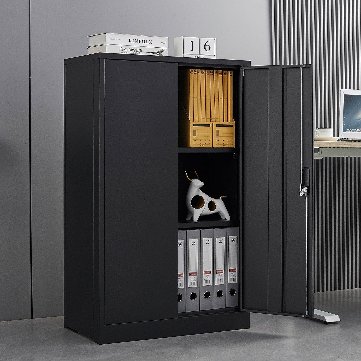 🆓🚛 Low Metal Storage Cabinet With Locking Doors & Adjustable Shelves - Black