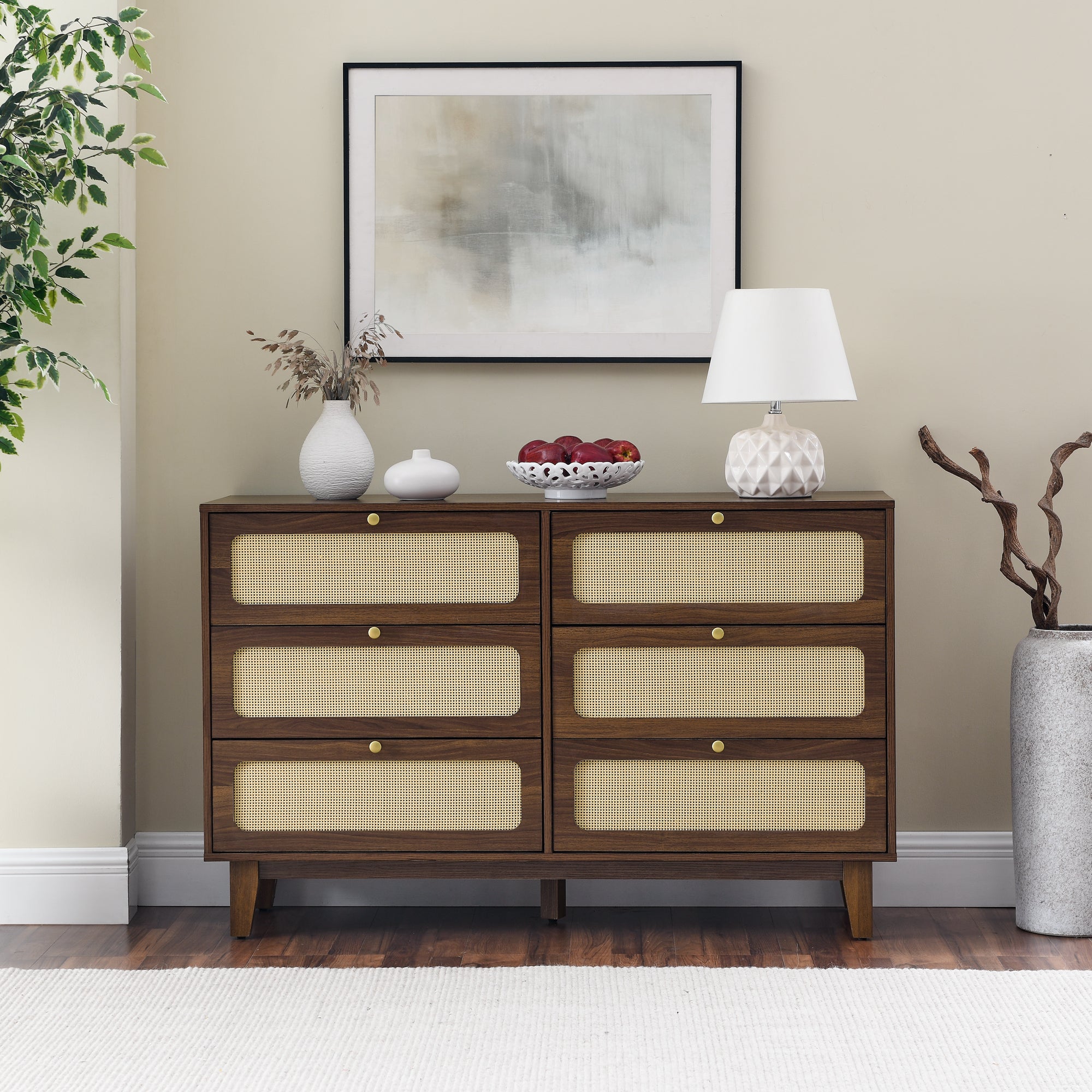 🆓🚛 Six-Drawer Rattan Wooden Dresser, Brown