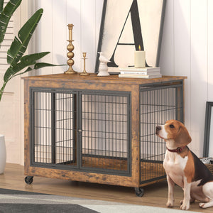 Furniture Dog Cage Crate With Double Doors, Rustic Brown, 38.58'' W X 25.2'' D X 27.17'' H