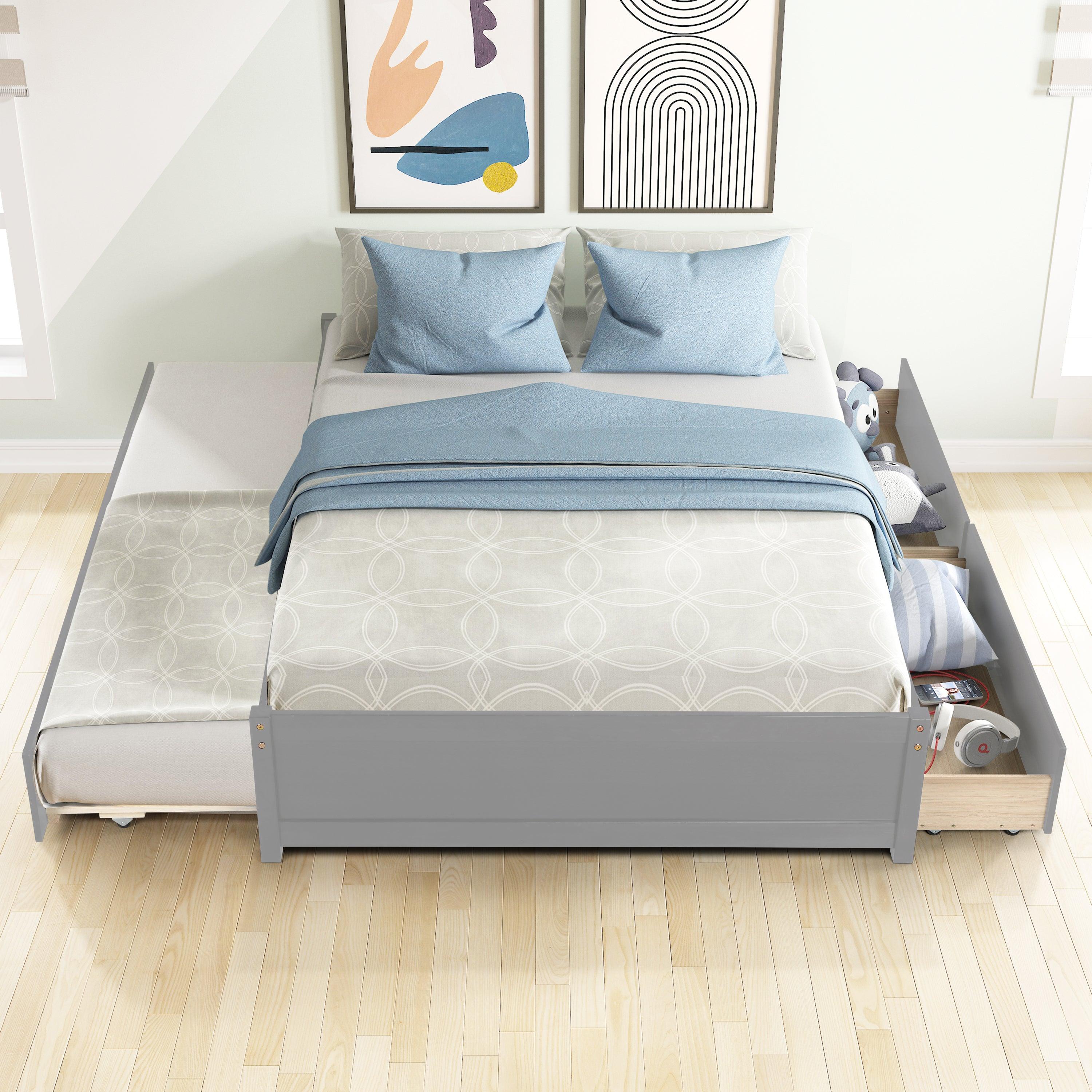 Full Bed With Twin Size Trundle And Two Drawers, Gray