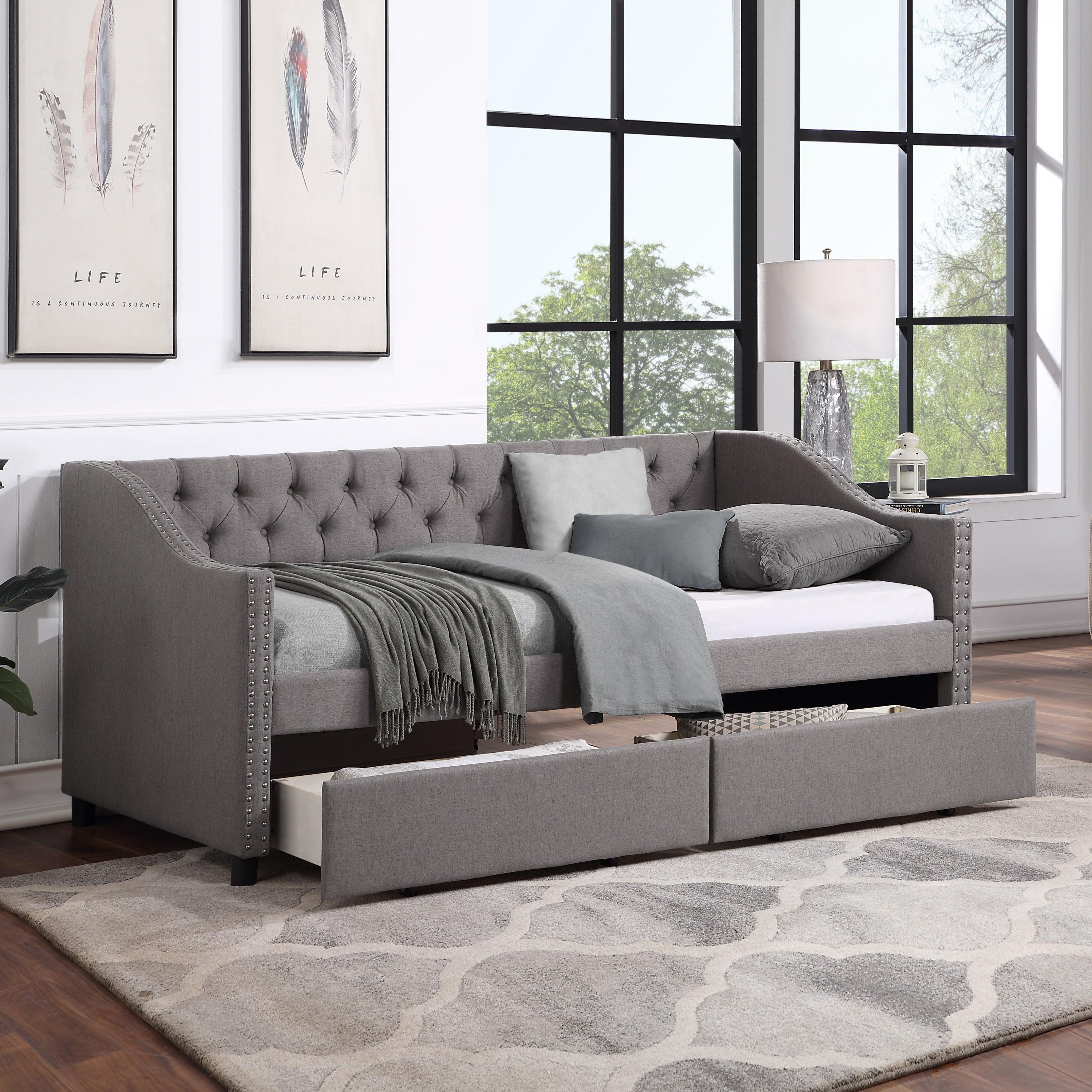 🆓🚛 Upholstered Twin Size Daybed With Two Drawers, Wood Slat Support, Gray