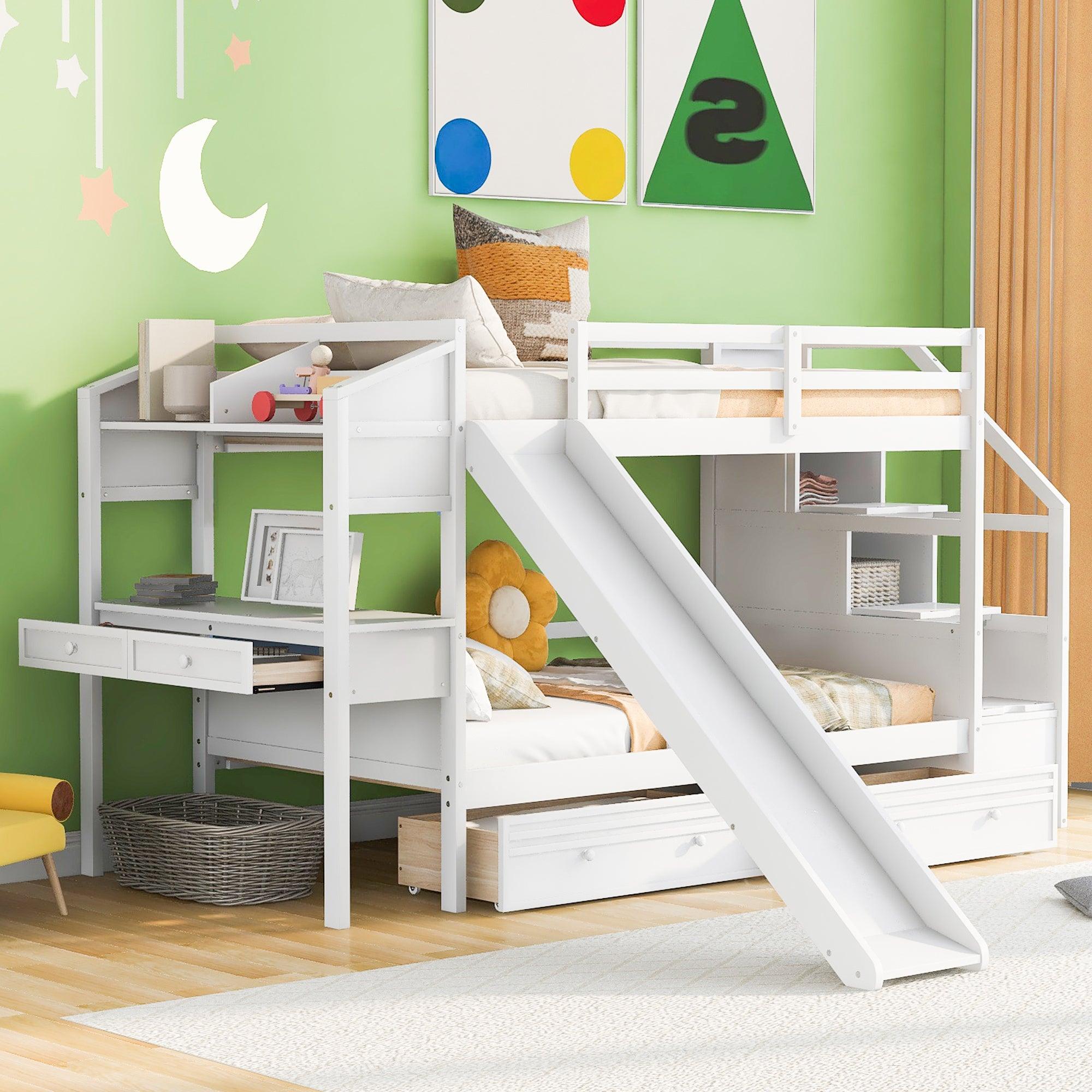 🆓🚛 Twin Over Twin Bunk Bed With Storage Staircase, Slide & Drawers, Desk With Drawers & Shelves, White