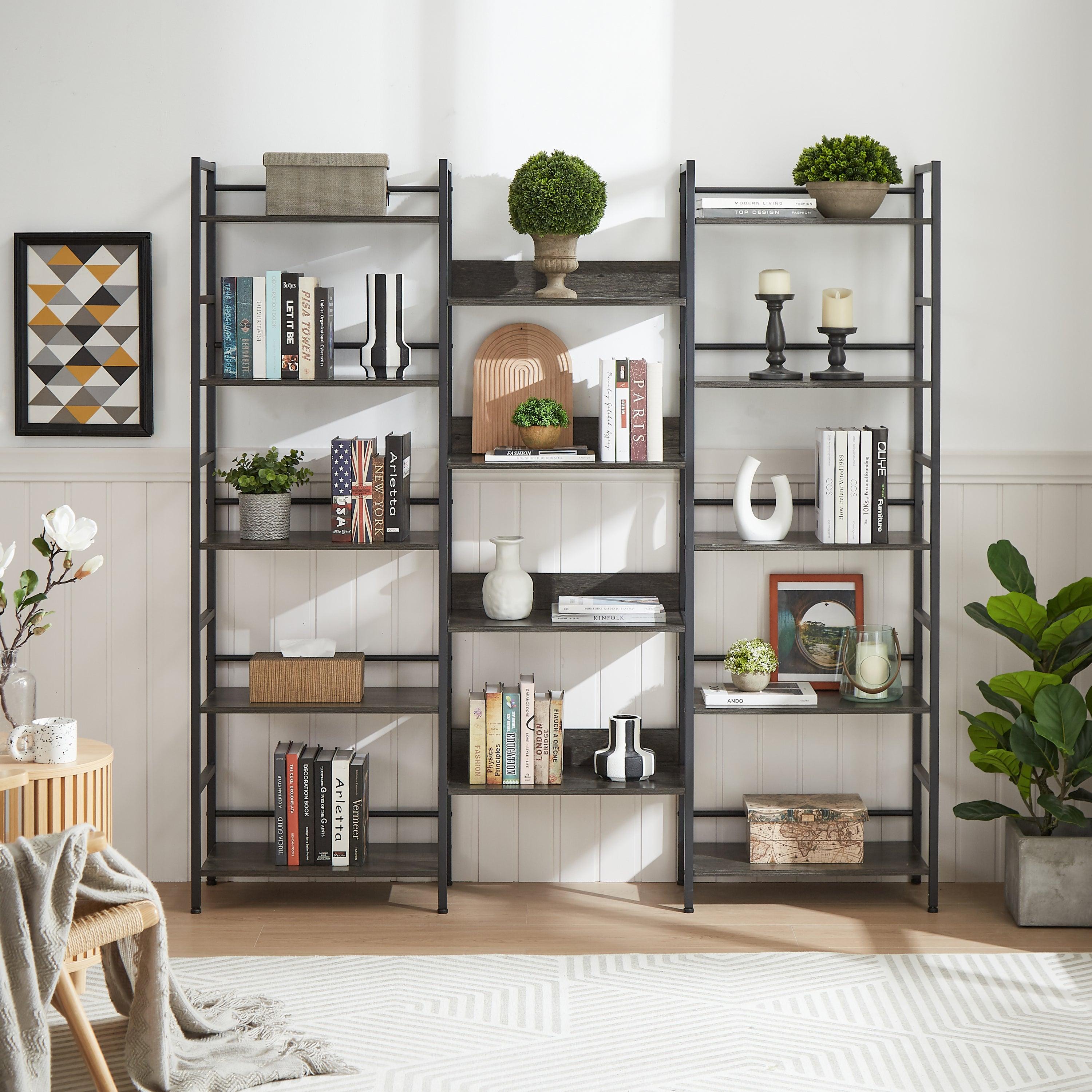 🆓🚛 Triple Wide 5-Shelf Bookshelves Industrial Retro Wooden Style Home & Office Large Open Bookshelves, Dark Gray, 69.3’’W X 11.8’’D X 70.1’’H