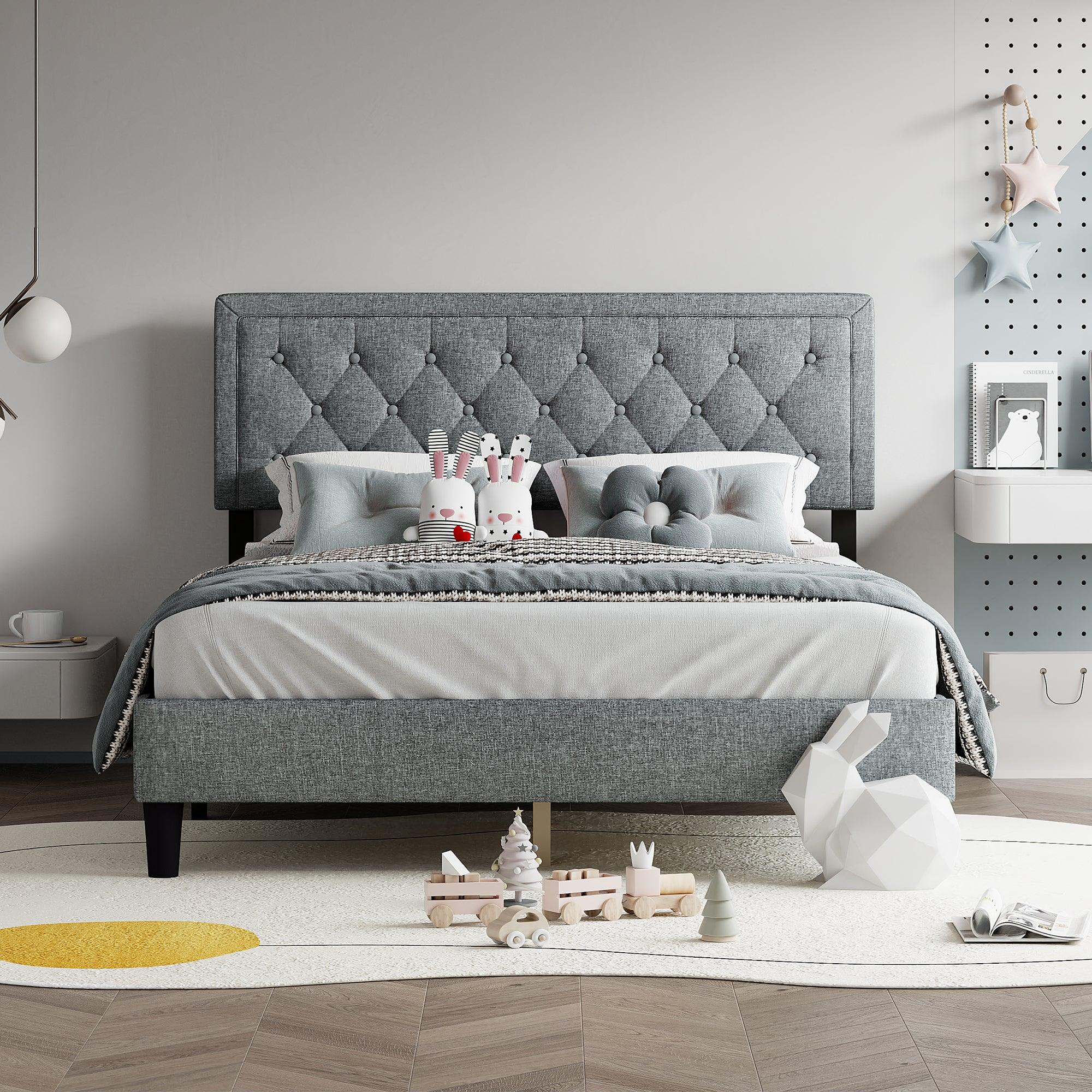 🆓🚛 Queen Size Panel Bed Frame With Adjustable Button-Tufted Headboard for Bedroom/Linen Upholstered/Wood Slat Support/Easy Assembly, Light Grey