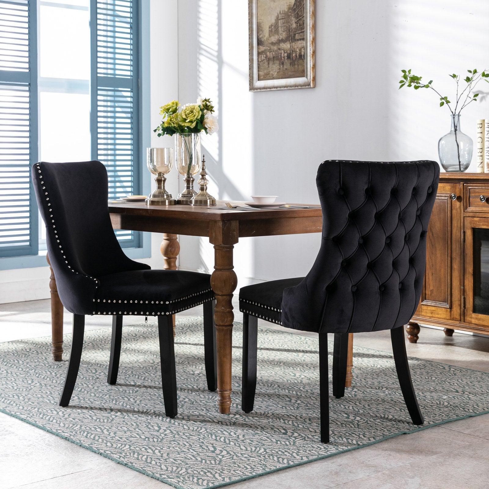 🆓🚛 Upholstered Wing-Back Dining Chair With Backstitching Nailhead Trim & Solid Wood Legs, Set Of 2, Black