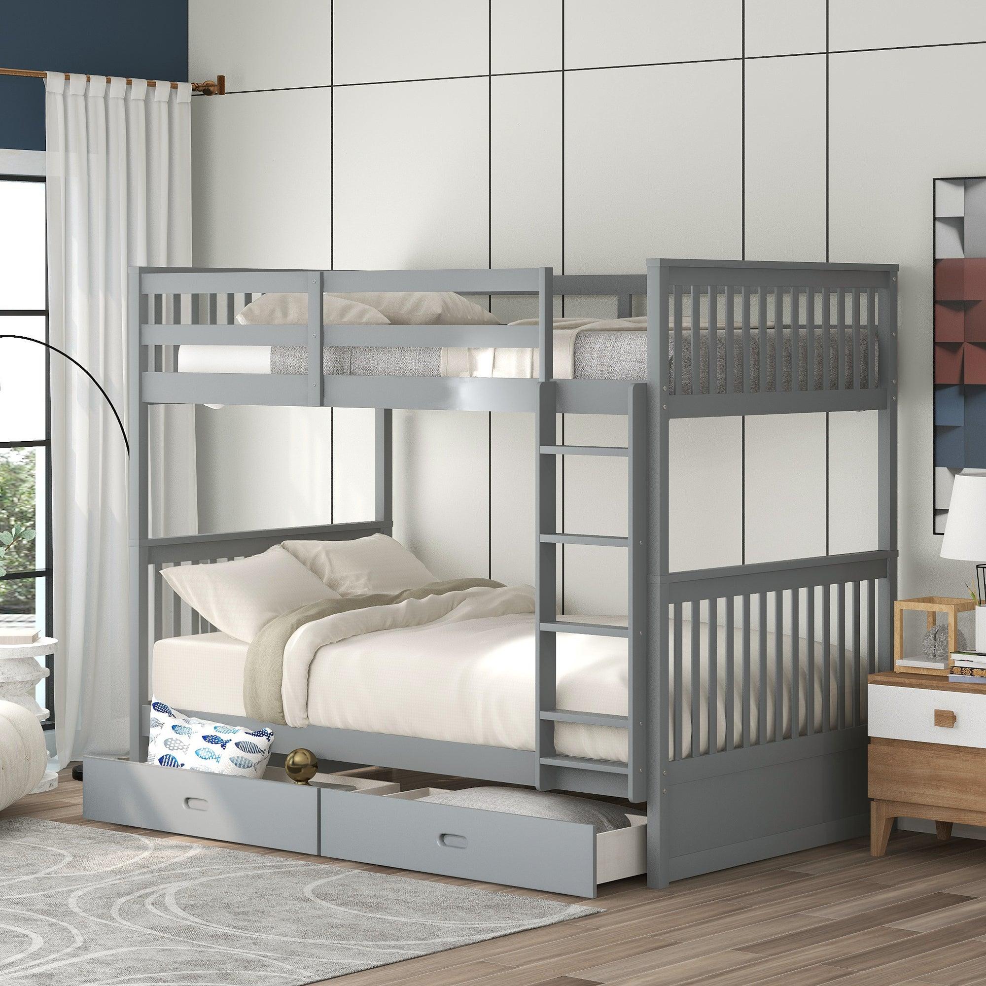 🆓🚛 Twin-Over-Twin Bunk Bed With Ladders & Two Storage Drawers (Gray)