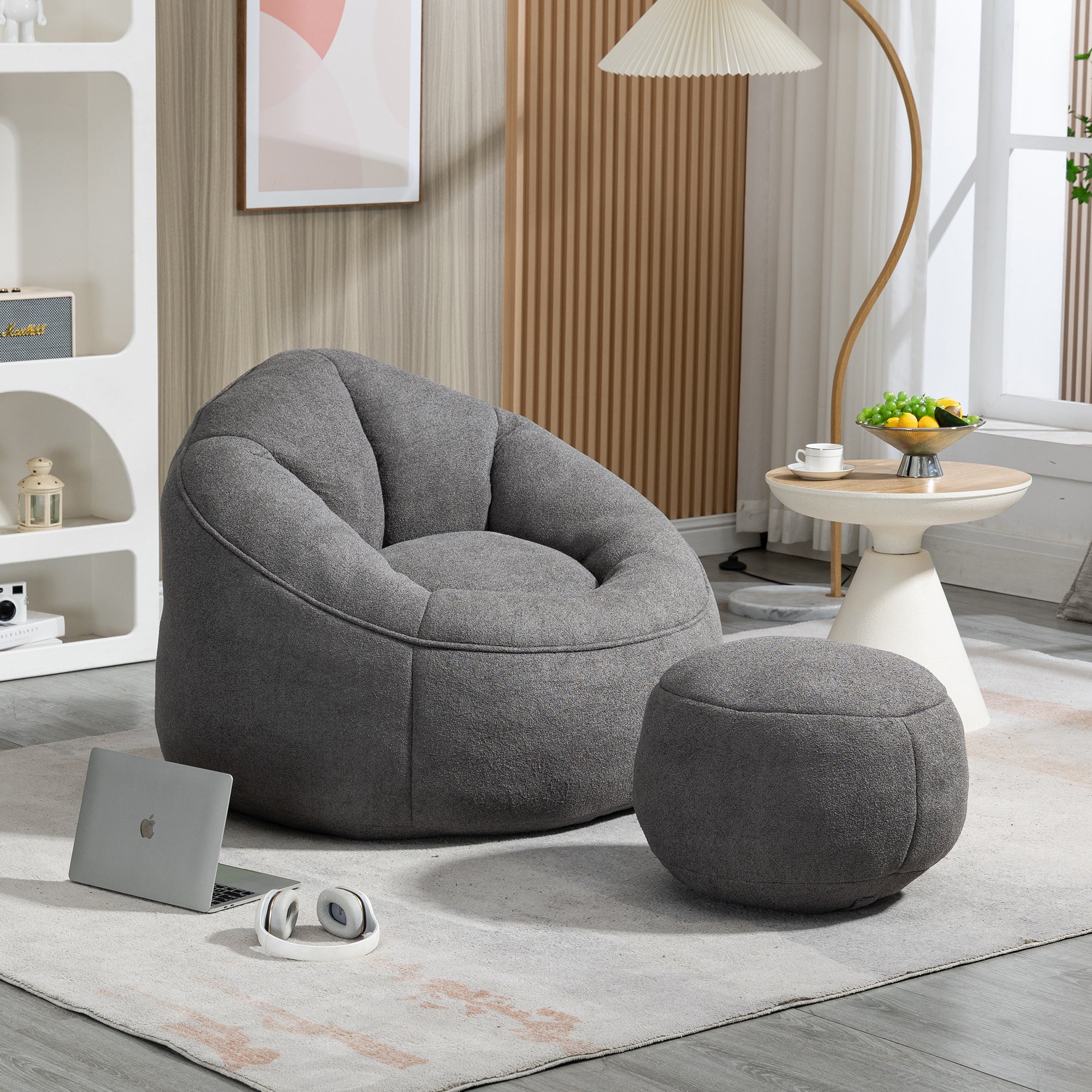 🆓🚛 Bean Bag Sofa Chair, High Pressure Foam Bean Bag Chair With Footrest, Gray