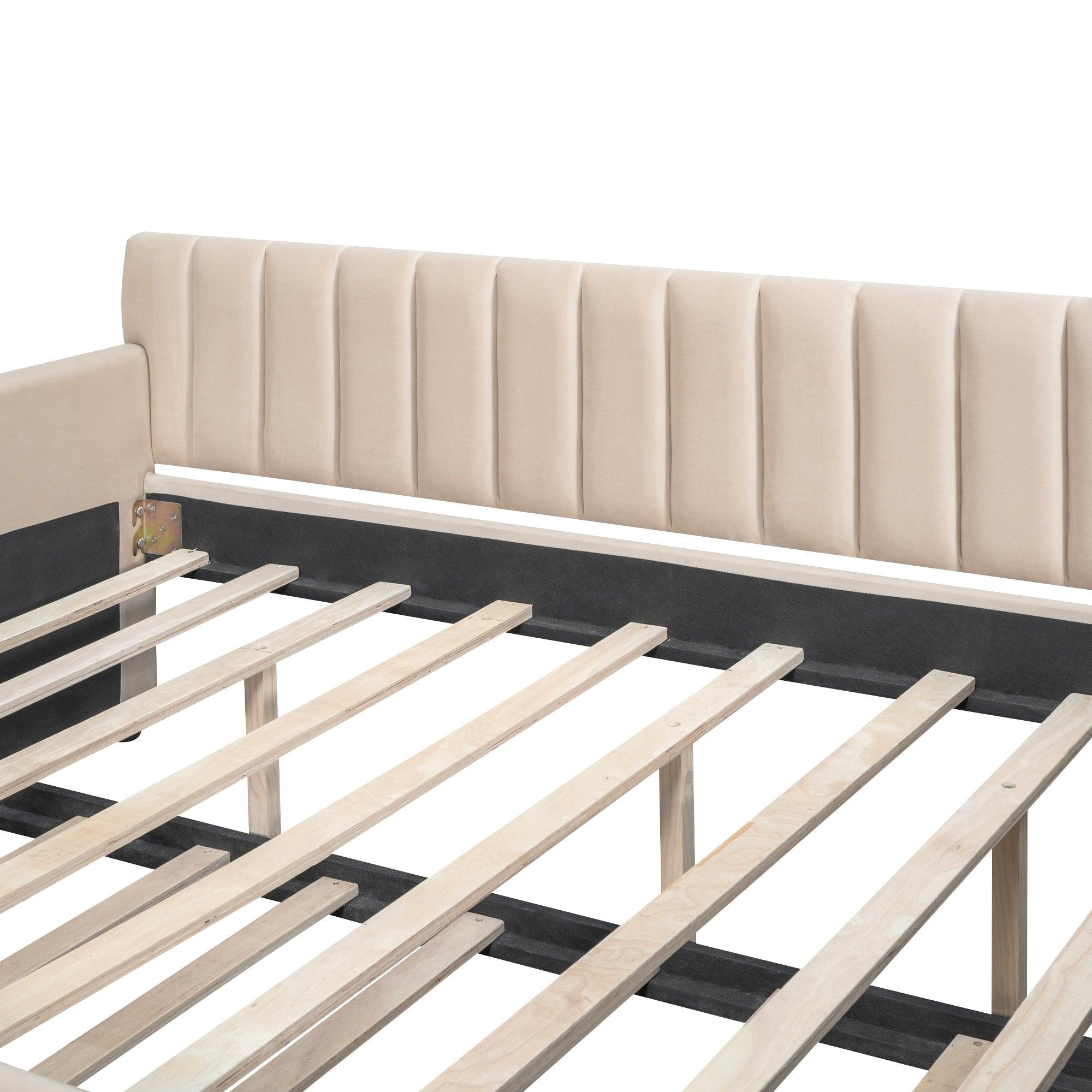 Full Size Upholstered Daybed With Trundle And Wood Slat Support, Beige