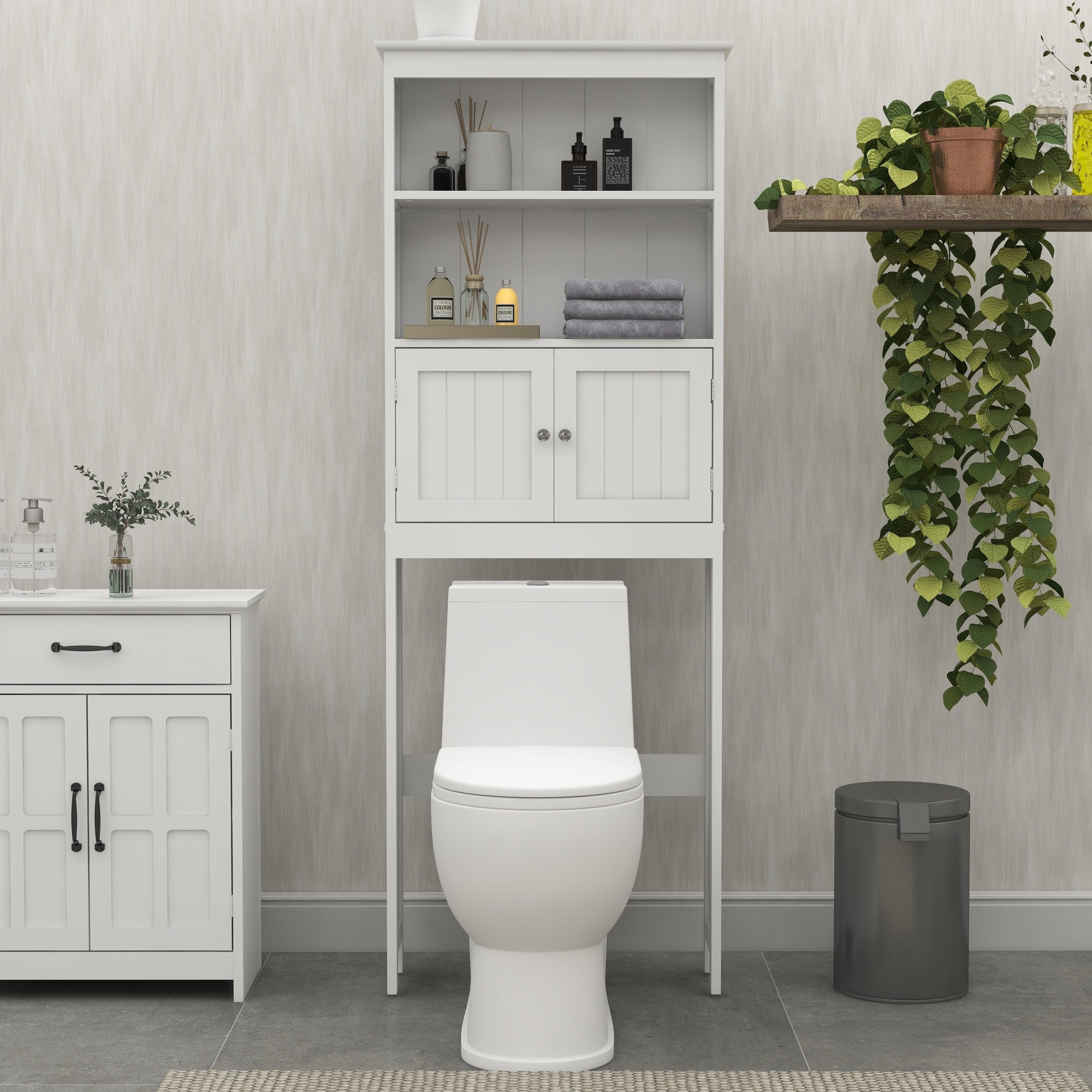 🆓🚛 Over The Toilet Rack 2 -Tier Toilet Bathroom Spacesaver Storage Shelf With 2 Doors Wood Storage Organizer Cabinet for Bathroom Freestanding Shelf-White