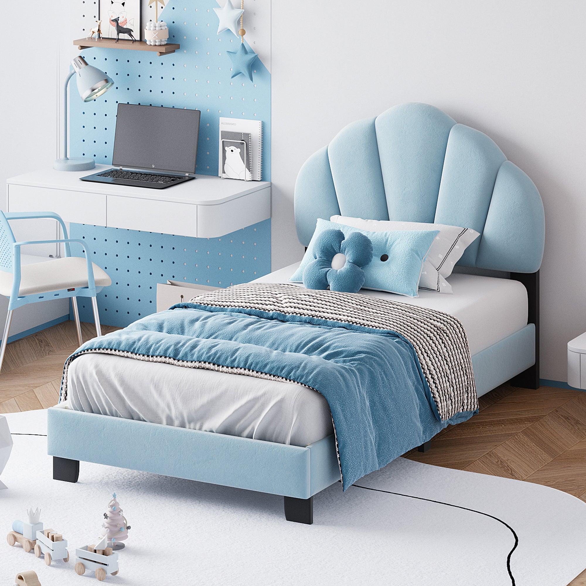 🆓🚛 Twin Size Upholstered Velvet Platform Bed With Shell-Shaped Headboard, Blue