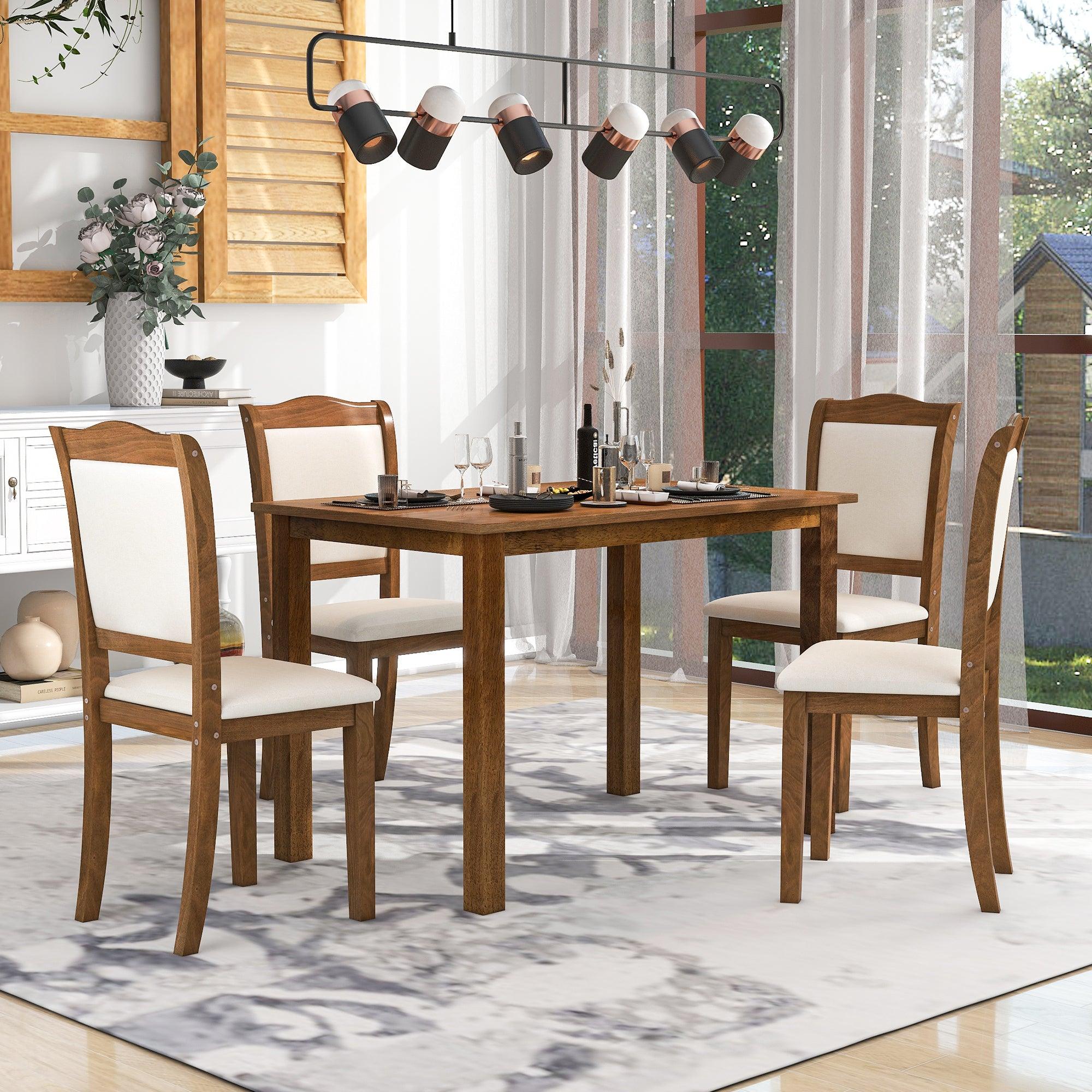 🆓🚛 5-Piece Wood Dining Table Set Simple Style Kitchen Dining Set, Rectangular Table With 4 Upholstered Chairs for Limited Space, Walnut