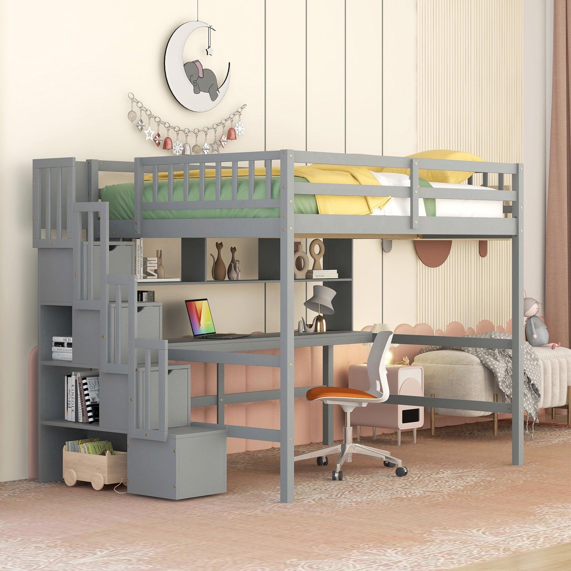Full Size Loft Bed with Desk, Storage shelves and Staircase, Grey
