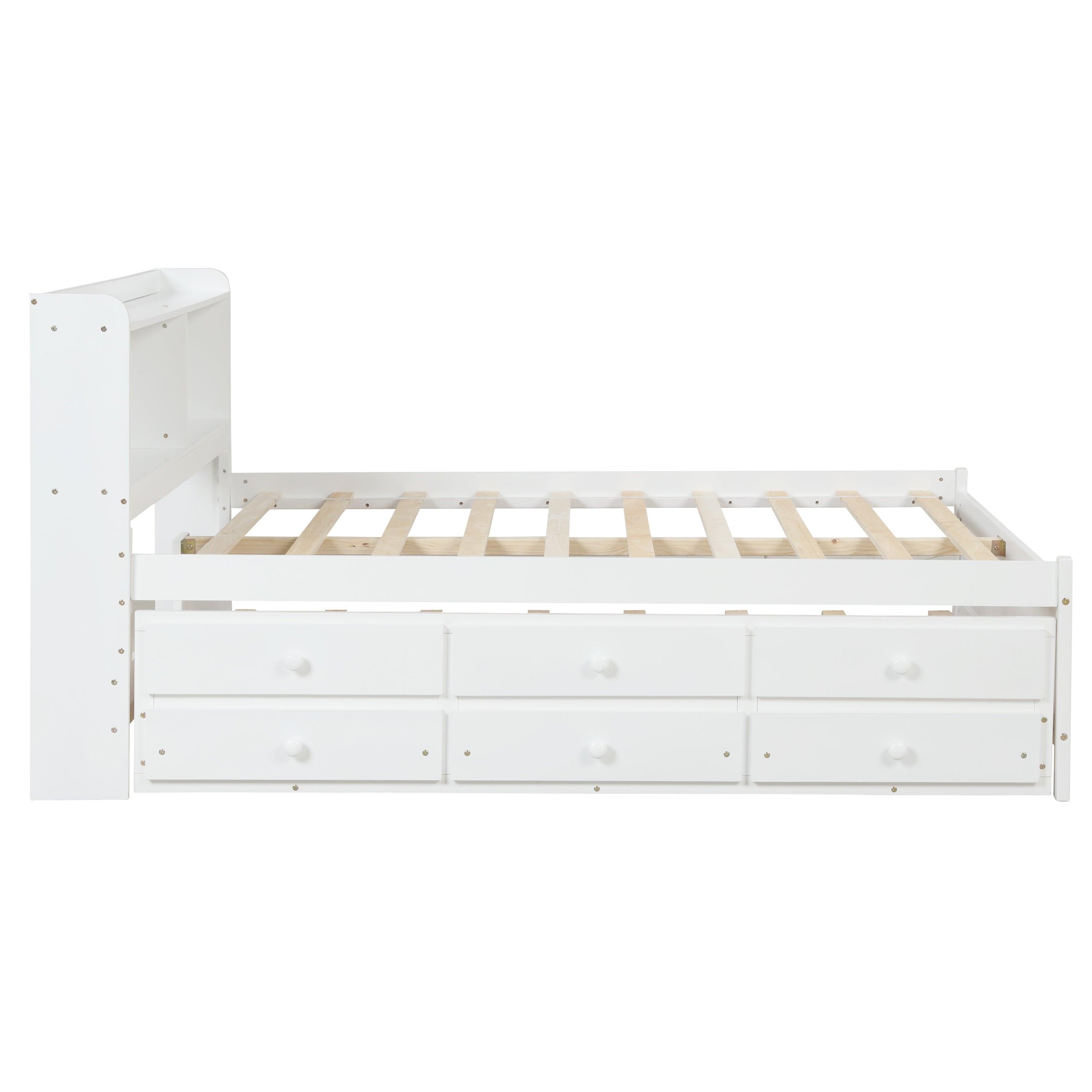 Full Bed With Bookcase, Twin Trundle & Drawers, White