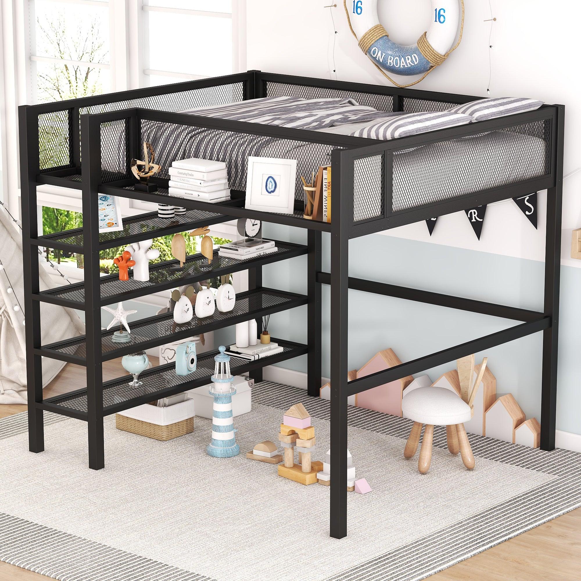 🆓🚛 Full Size Metal Loft Bed With 4-Tier Shelves and Storage, Black