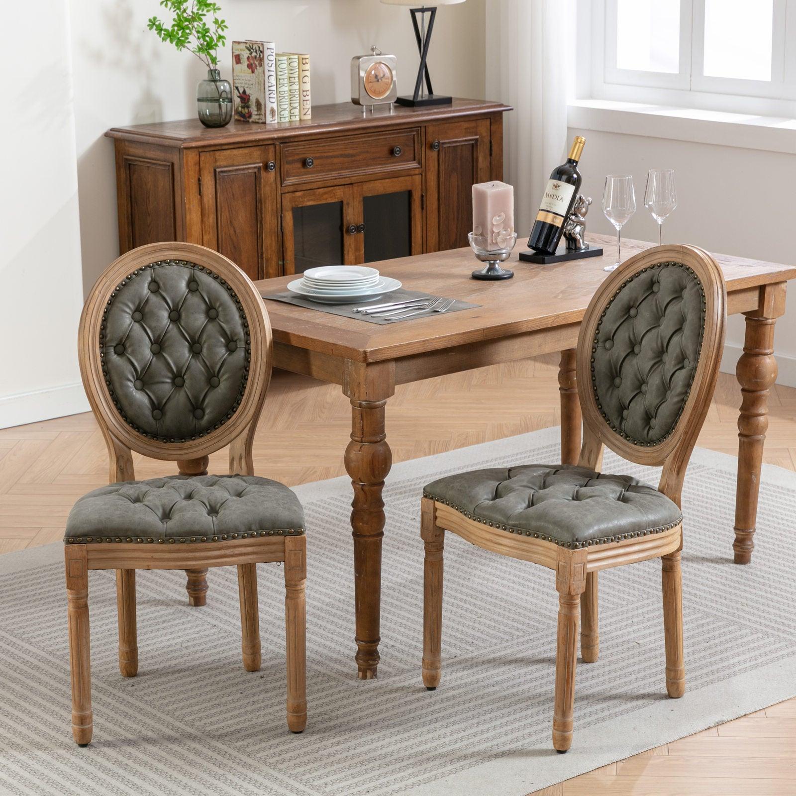 🆓🚛 French Style Solid Wood Frame Antique Painting, Hand-Pulled Buckle Decoration Pu Artificial Leather Dining Chair With Nailhead Trim, Wood Legs, Set Of 2, White Pine Green