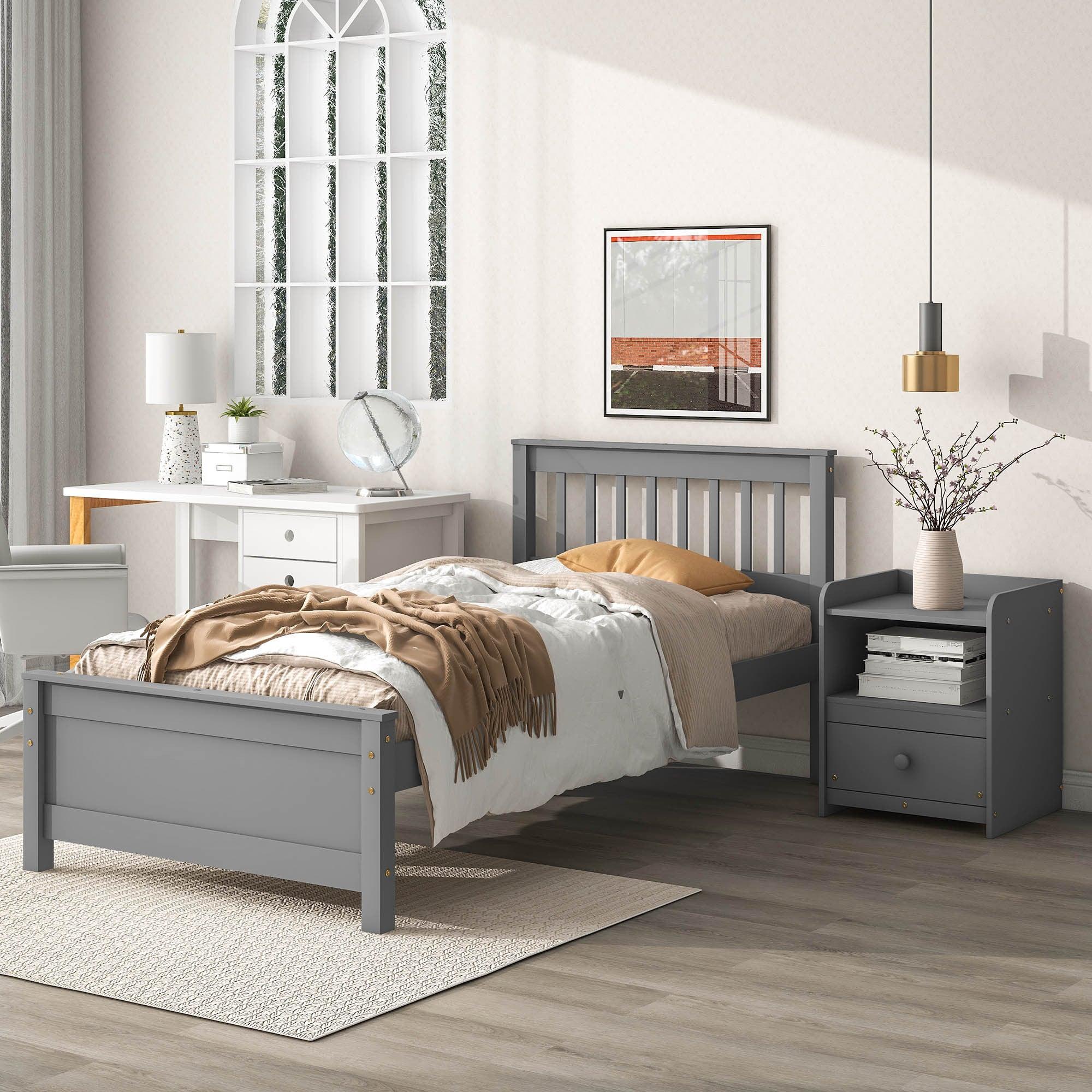 🆓🚛 Twin Bed With Headboard & Footboard for Kids, Teens & Adults With a Nightstand, Gray