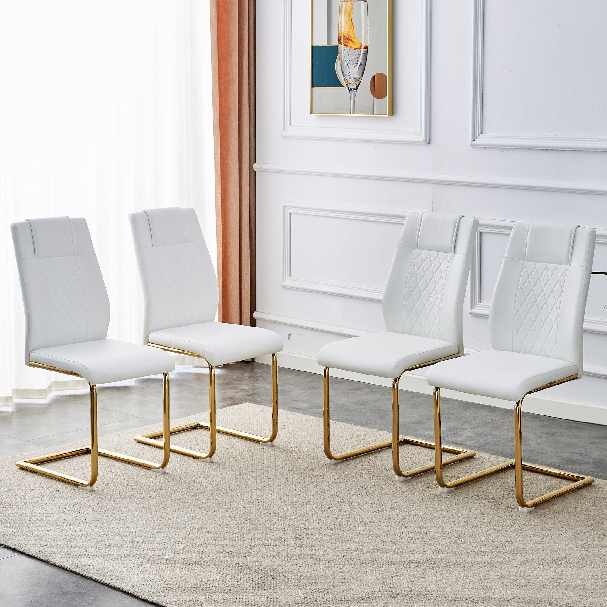 🆓🚛 Modern Dining Chairs, Dining Room Chairs, & Golden Leg Cushioned Chairs Made Of Artificial Leather, Suitable for Kitchens, Living Rooms, Bedrooms, & Offices Set Of 4 Pieces (White+Pu)