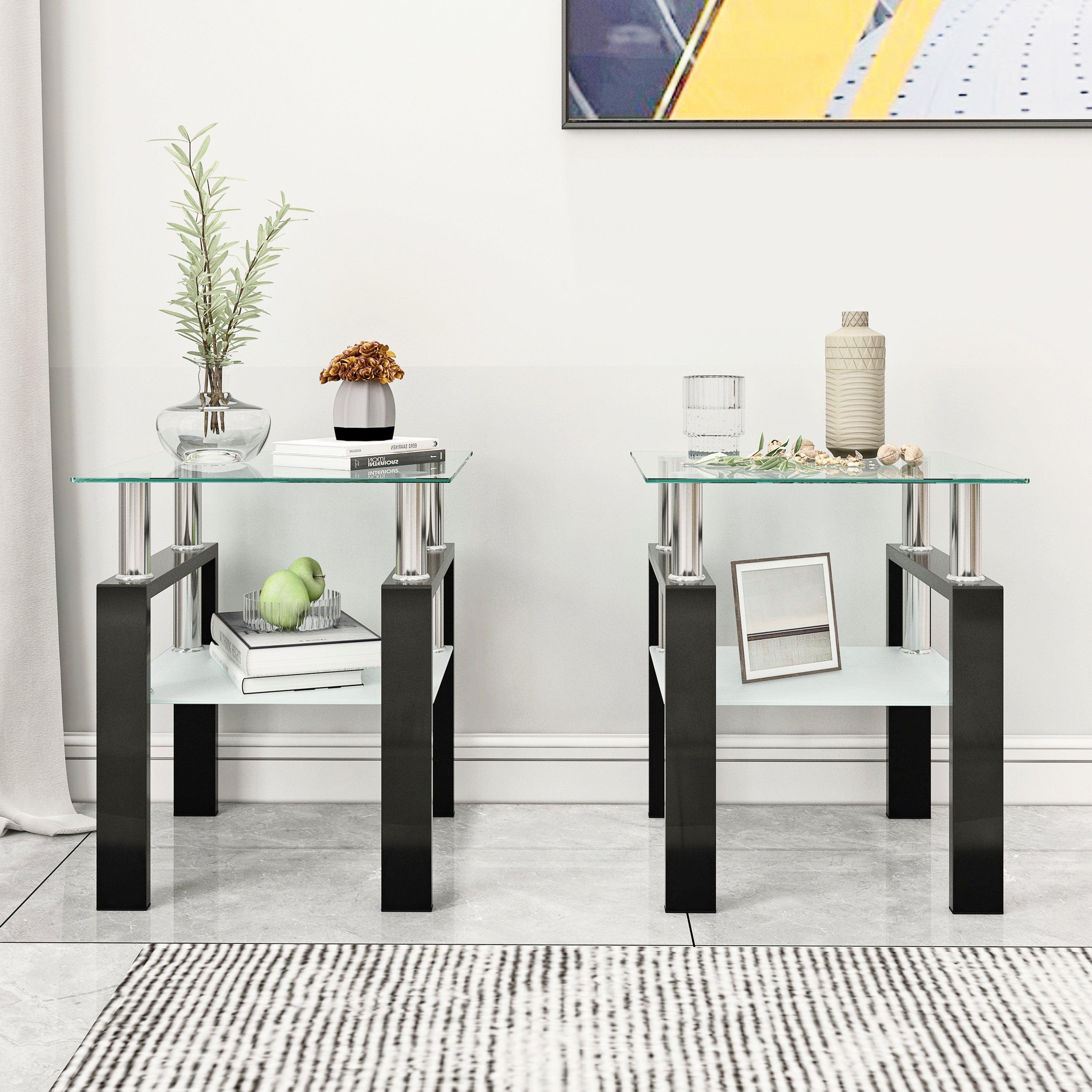 🆓🚛 Set Of 2, Modern Tempered Glass Tea Table Coffee Table End Table, Square Table for Living Room, Transparent/Black