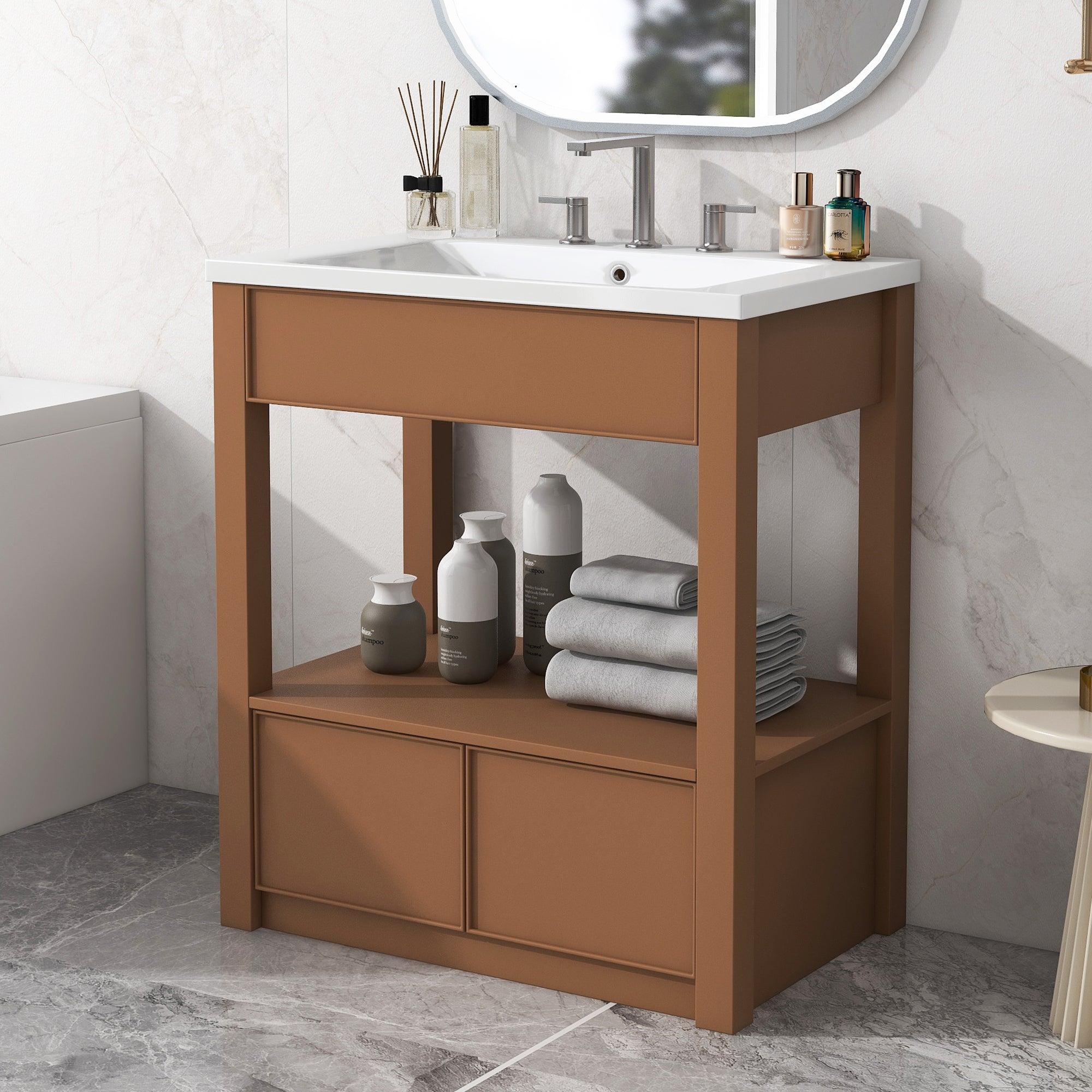 🆓🚛 30" Bathroom Vanity With Sink Top, Bathroom Cabinet With Open Storage Shelf & Two Drawers, Brown