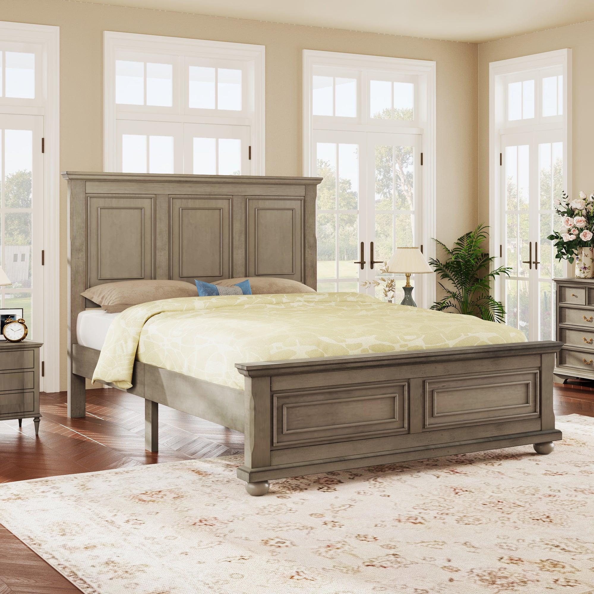 🆓🚛 Traditional Town & Country Style Pinewood Vintage Queen Bed, Stone