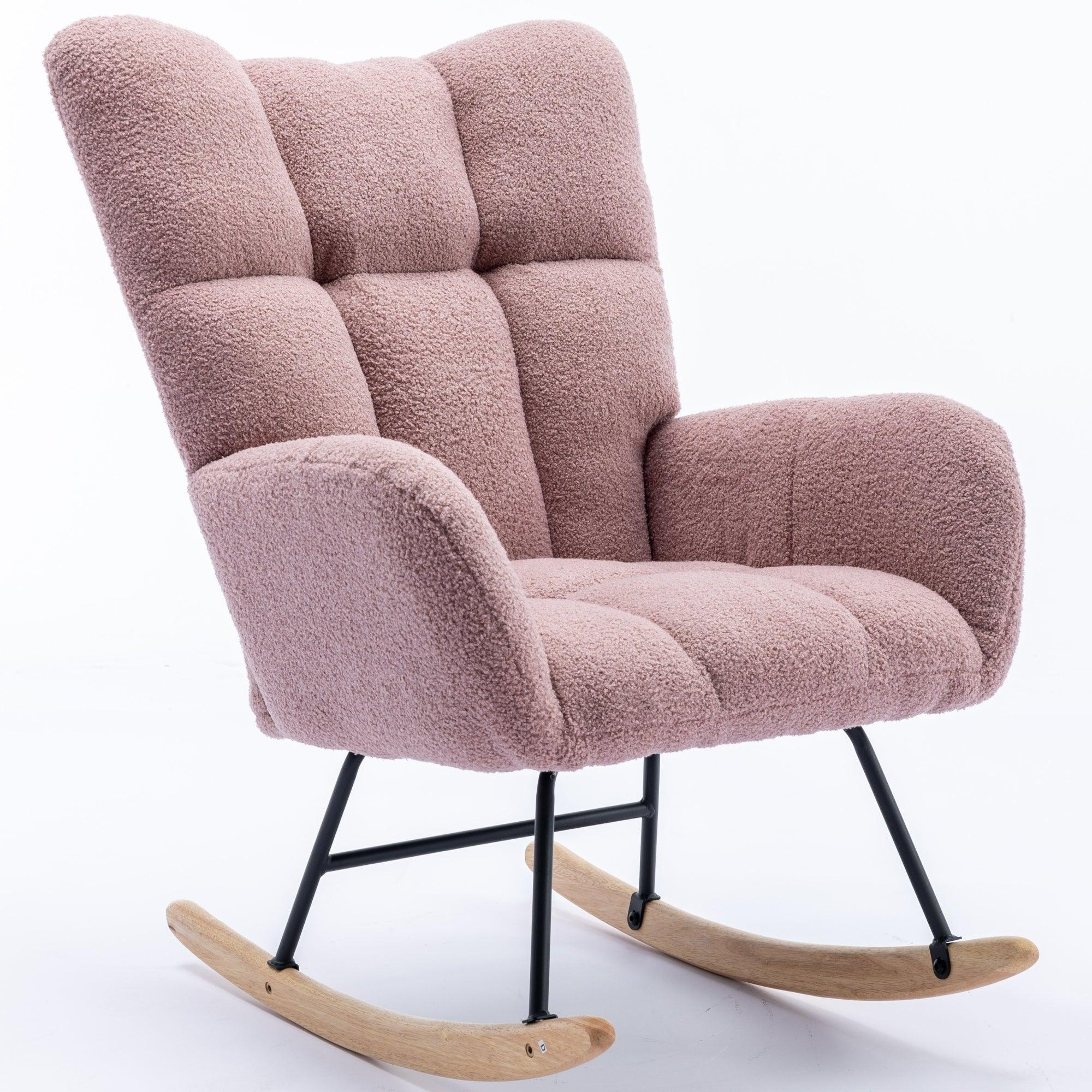 🆓🚛 Rocking Chair, Soft Teddy Velvet Fabric Rocking Chair for Nursery, Comfy Wingback Glider Rocker With Safe Solid Wood Base for Living Room Bedroom Balcony (Pink)