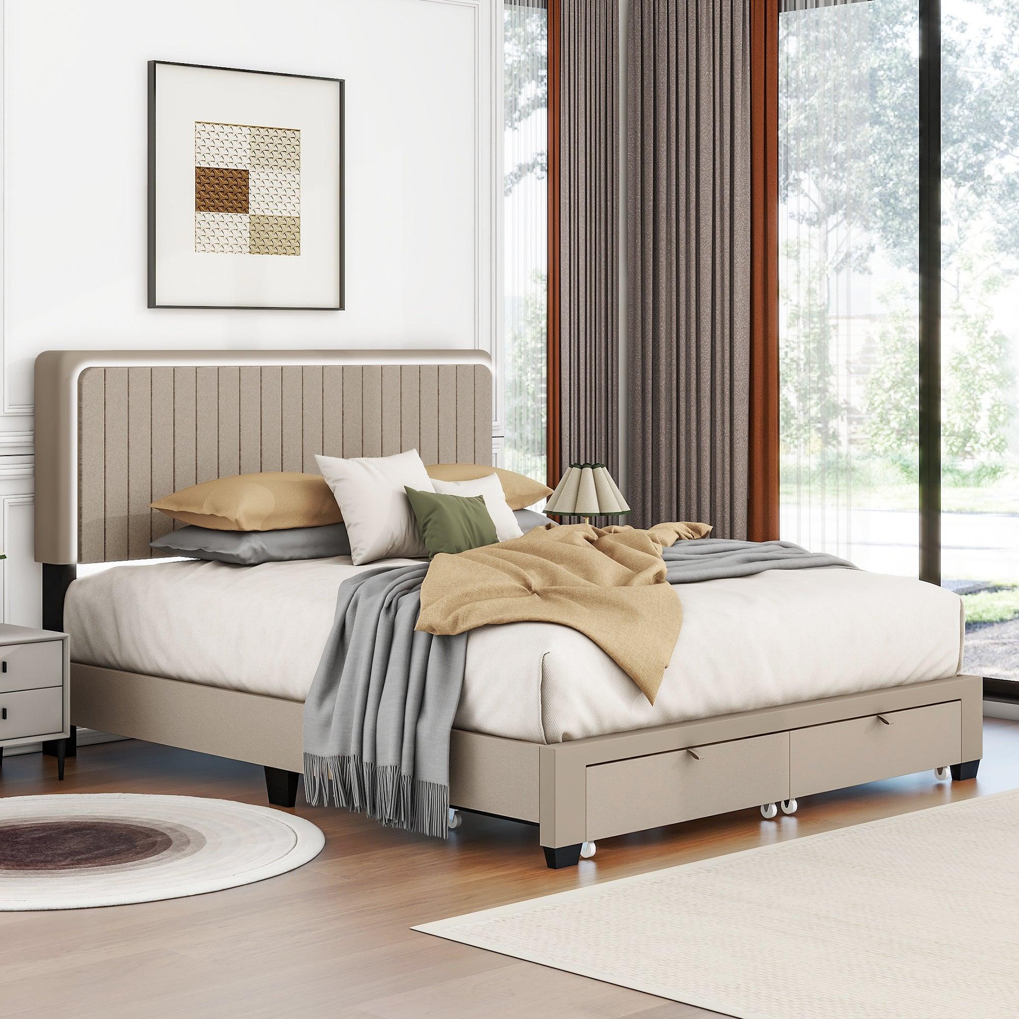 🆓🚛 Queen Size Upholstered Bed With Adjustable Height, Led Design With Footboard Drawers Storage, Beige