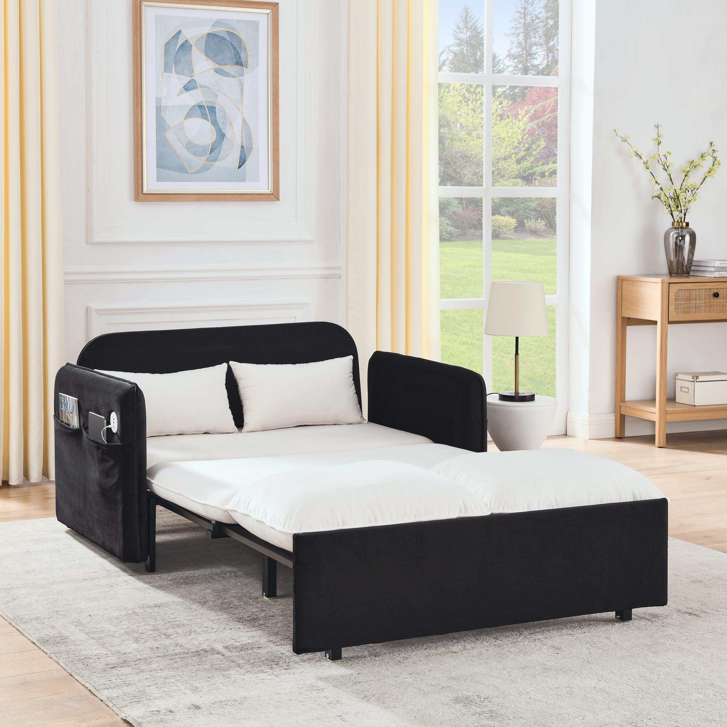 🆓🚛 53" Modern Convertible Sofa Bed W/2 Removable Armrests W/Usb Power Port, Velvet Recliner Adjustable Sofa W/Head Pull-Out Bed, 2 Pillows, for Living Room Apartment Etc., White-Black