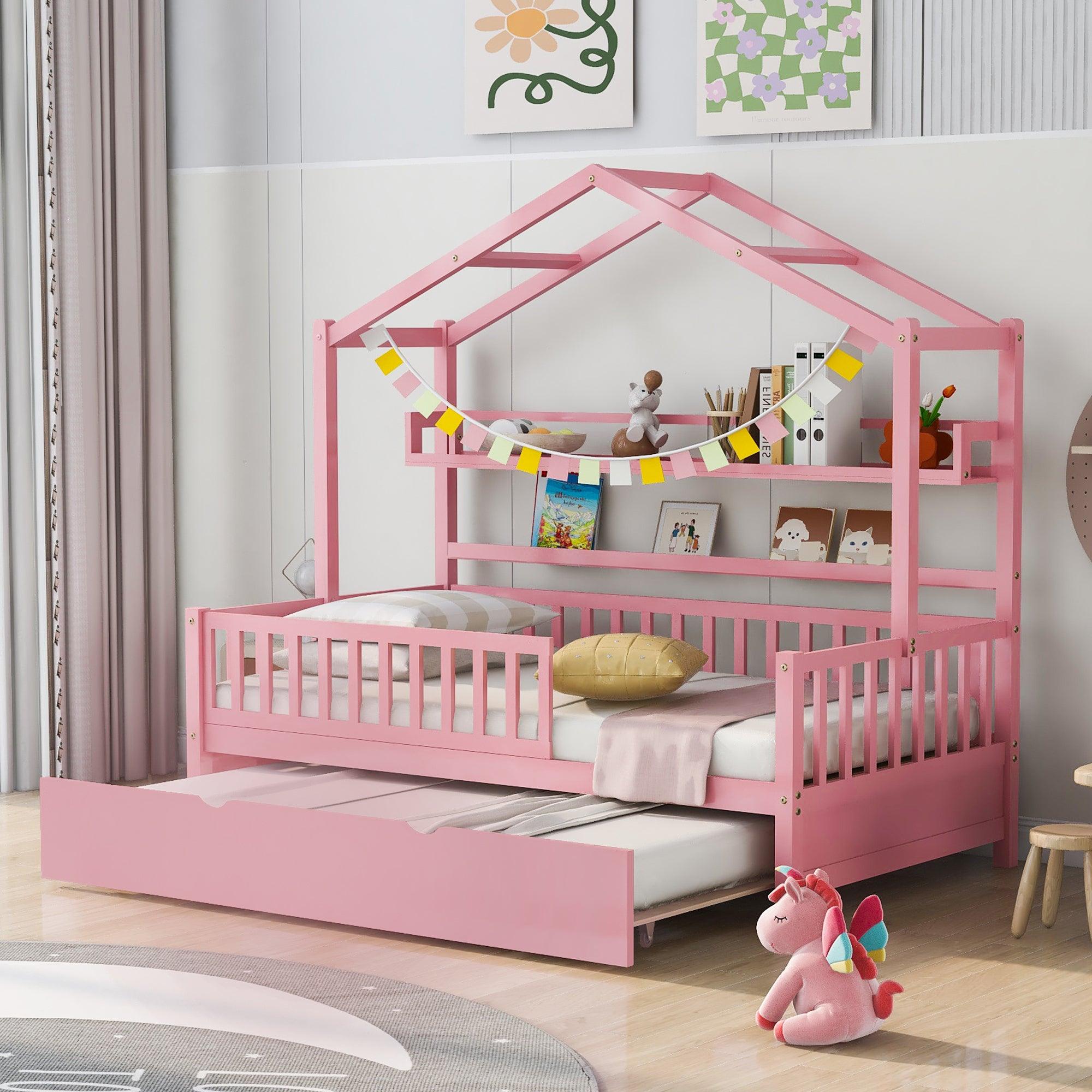 🆓🚛 Wooden Twin Size House Bed With Trundle, Kids Bed With Shelf, Pink