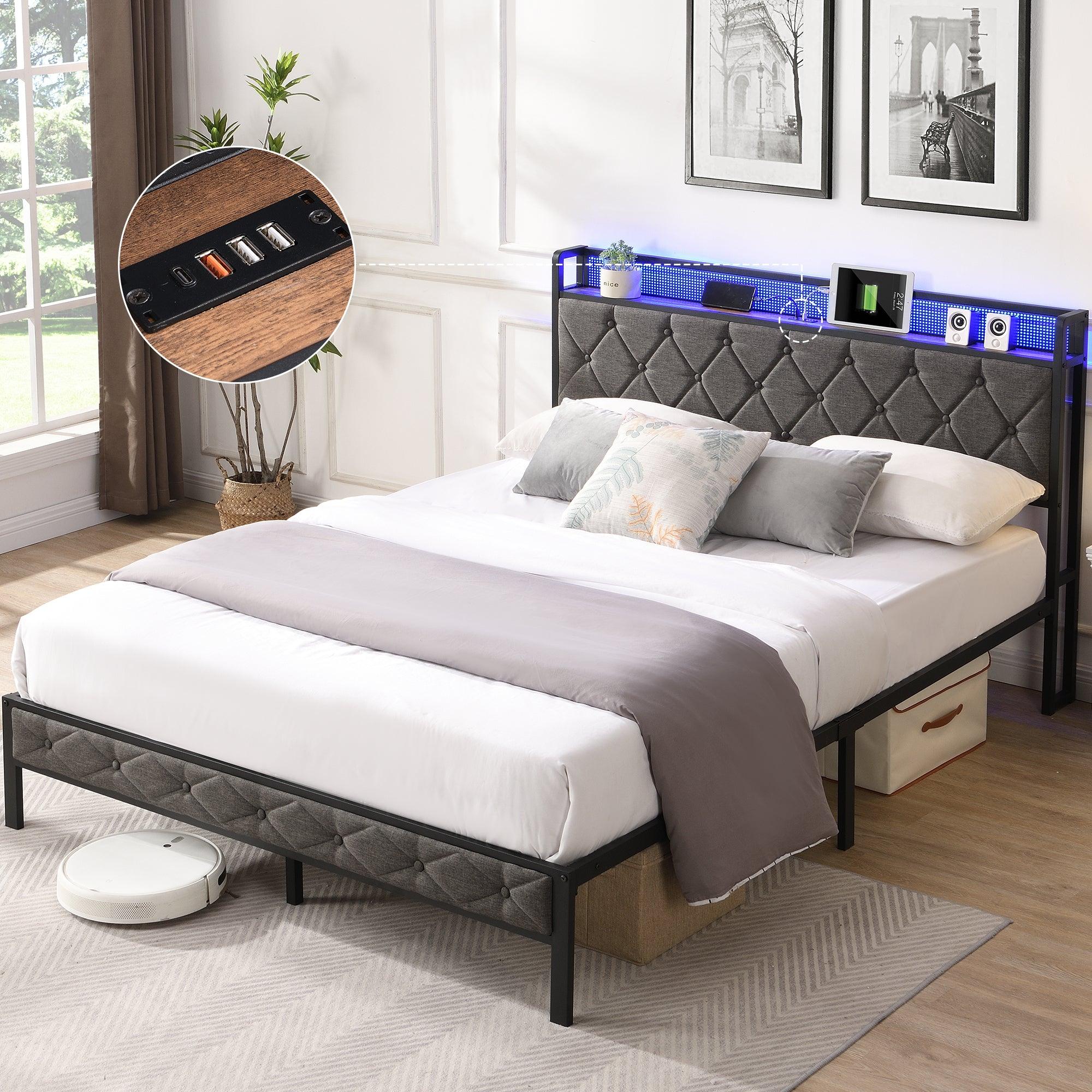 🆓🚛 Queen Upholstered Platform Bed Frame With Storage Headboard, Charging Station and LED Lights, With Heavy Metal Slats, Dark Gray