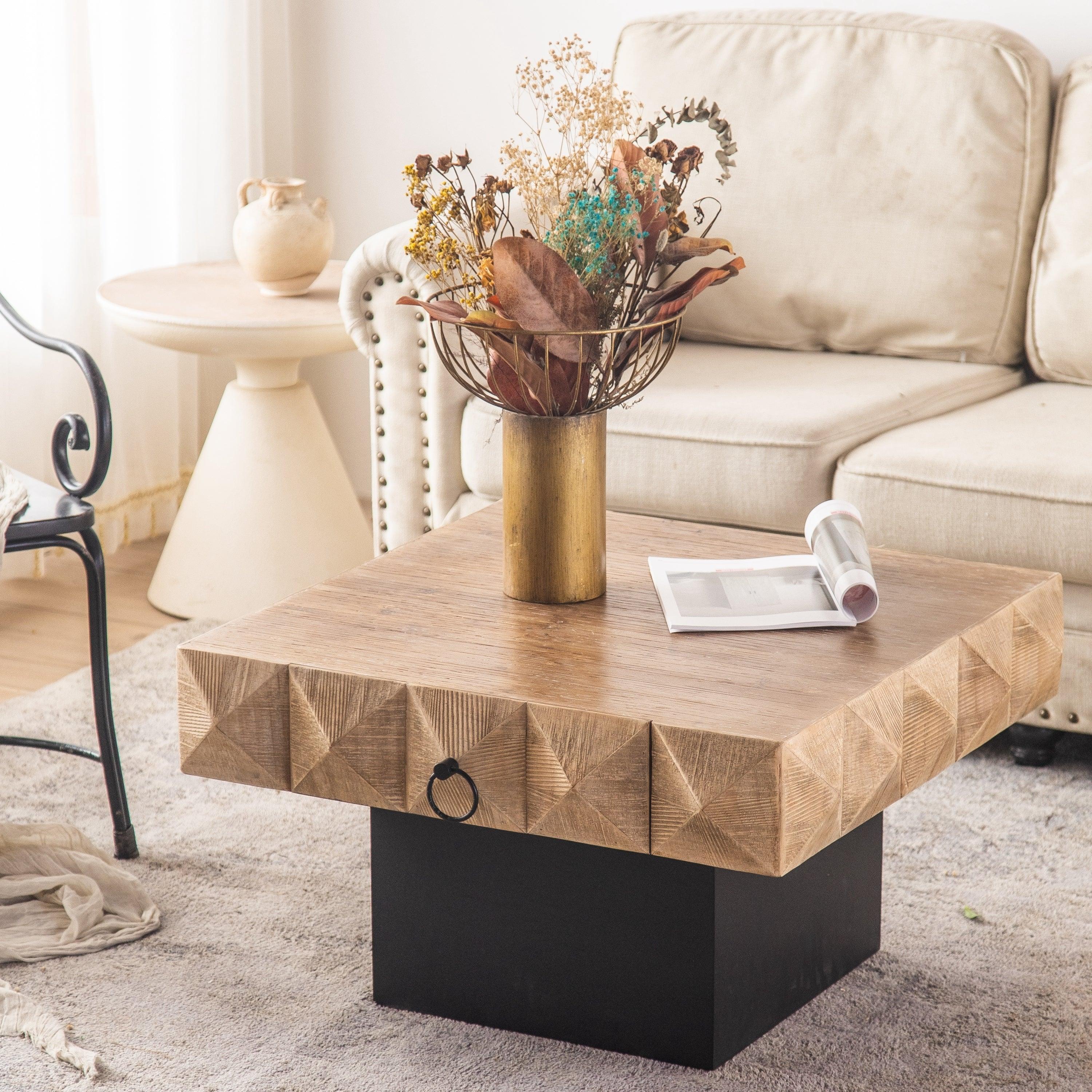 🆓🚛 32.28"Three-Dimensional Embossed Pattern Square Retro Coffee Table With 2 Drawers and Mdf Base