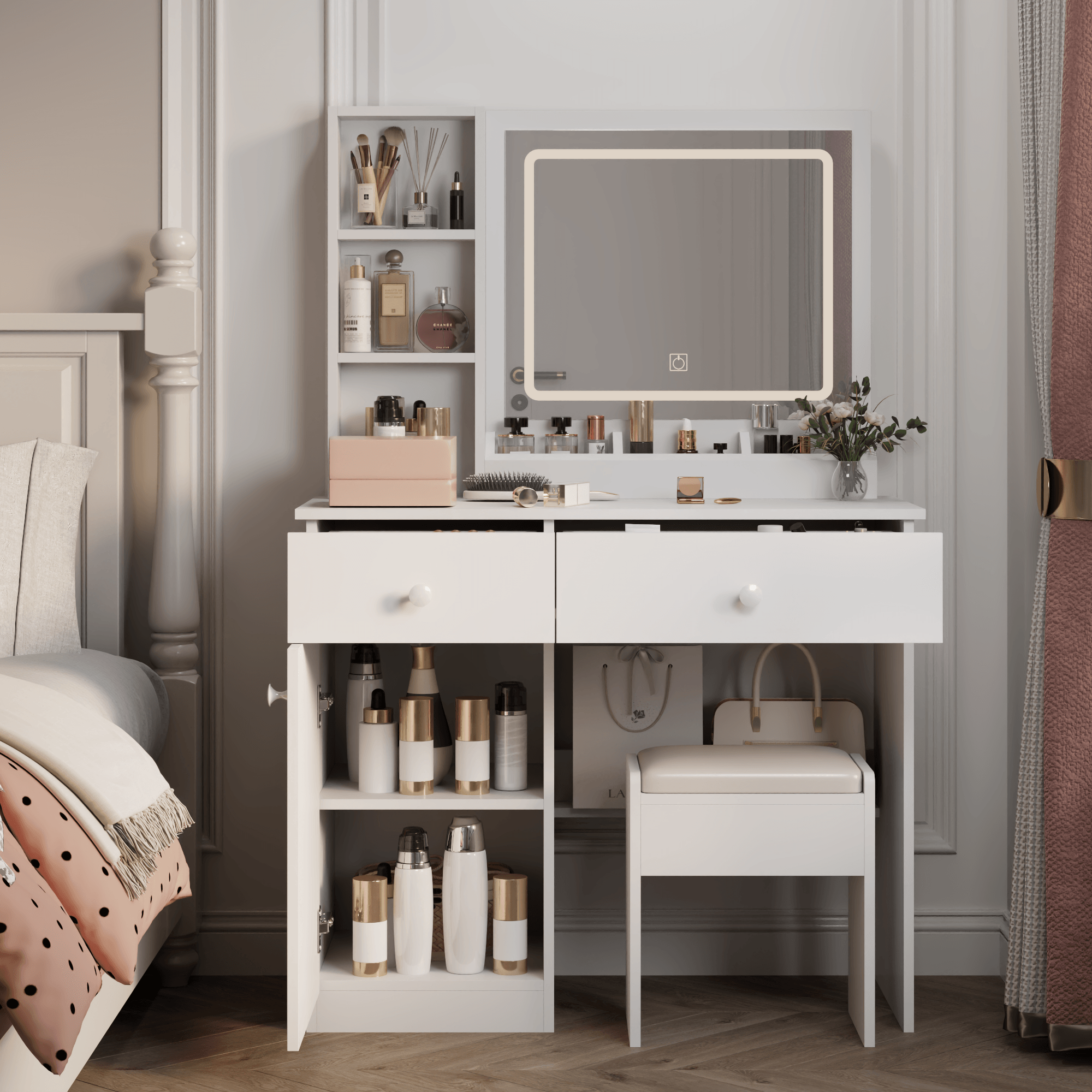🆓🚛 Fashion Vanity Desk With Mirror & Lights for Makeup, Vanity Mirror With Lights & Table Set With 3 Color Lighting Brightness Adjustable, 2 Big Drawers, White Color