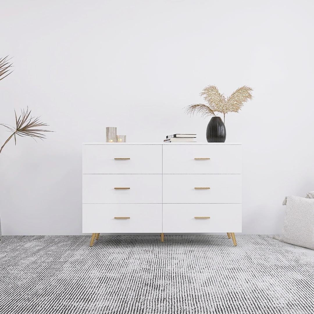 🆓🚛 High Glossy Surface 6 Drawers Chest, Golden Handle, Golden Steel Legs, White Color Vanity