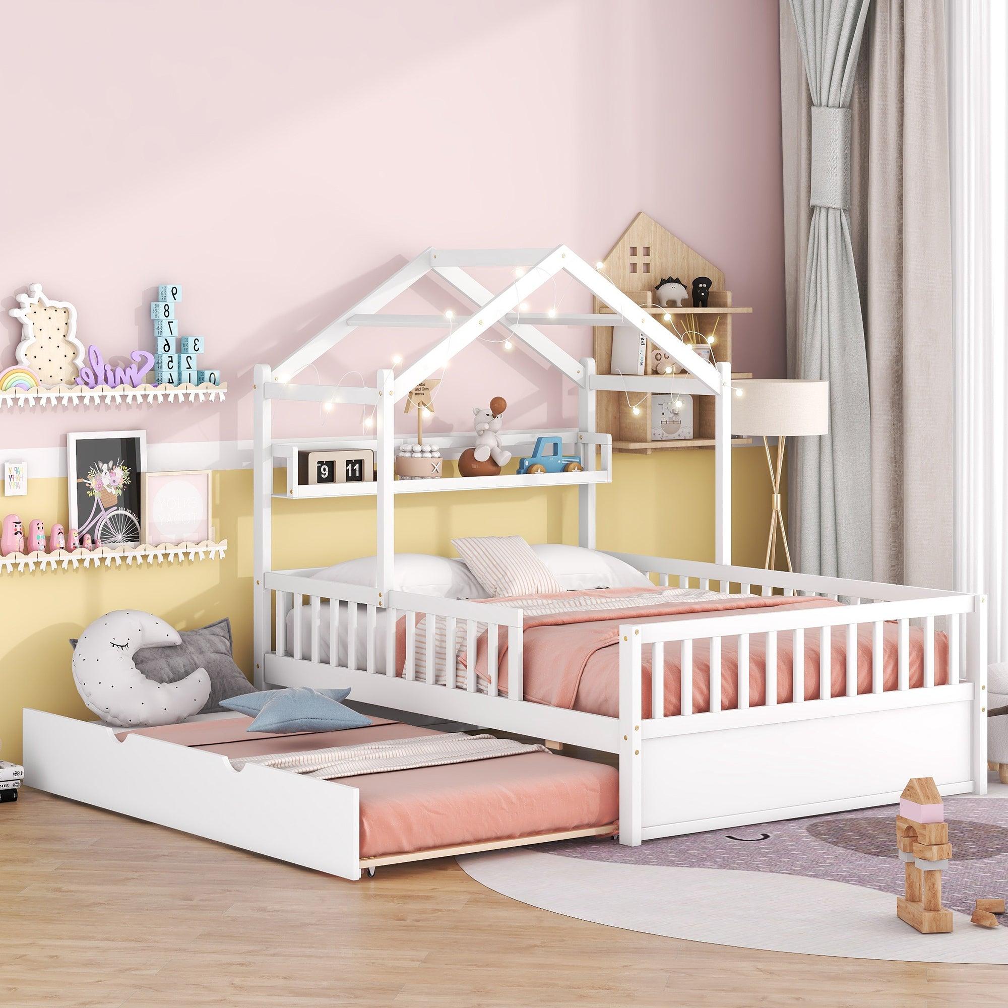 🆓🚛 Wooden Full Size House Bed With Twin Size Trundle, Kids Bed With Shelf, White