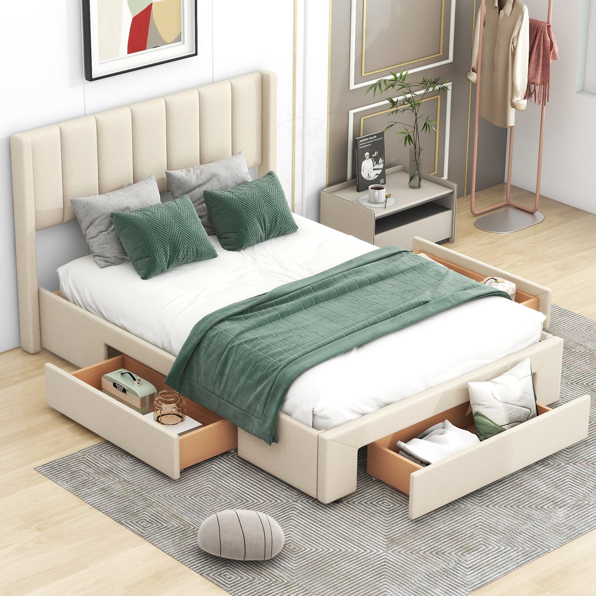 Full Size Upholstered Platform Bed with One Large Drawer in the Footboard and Drawer on Each Side, Beige