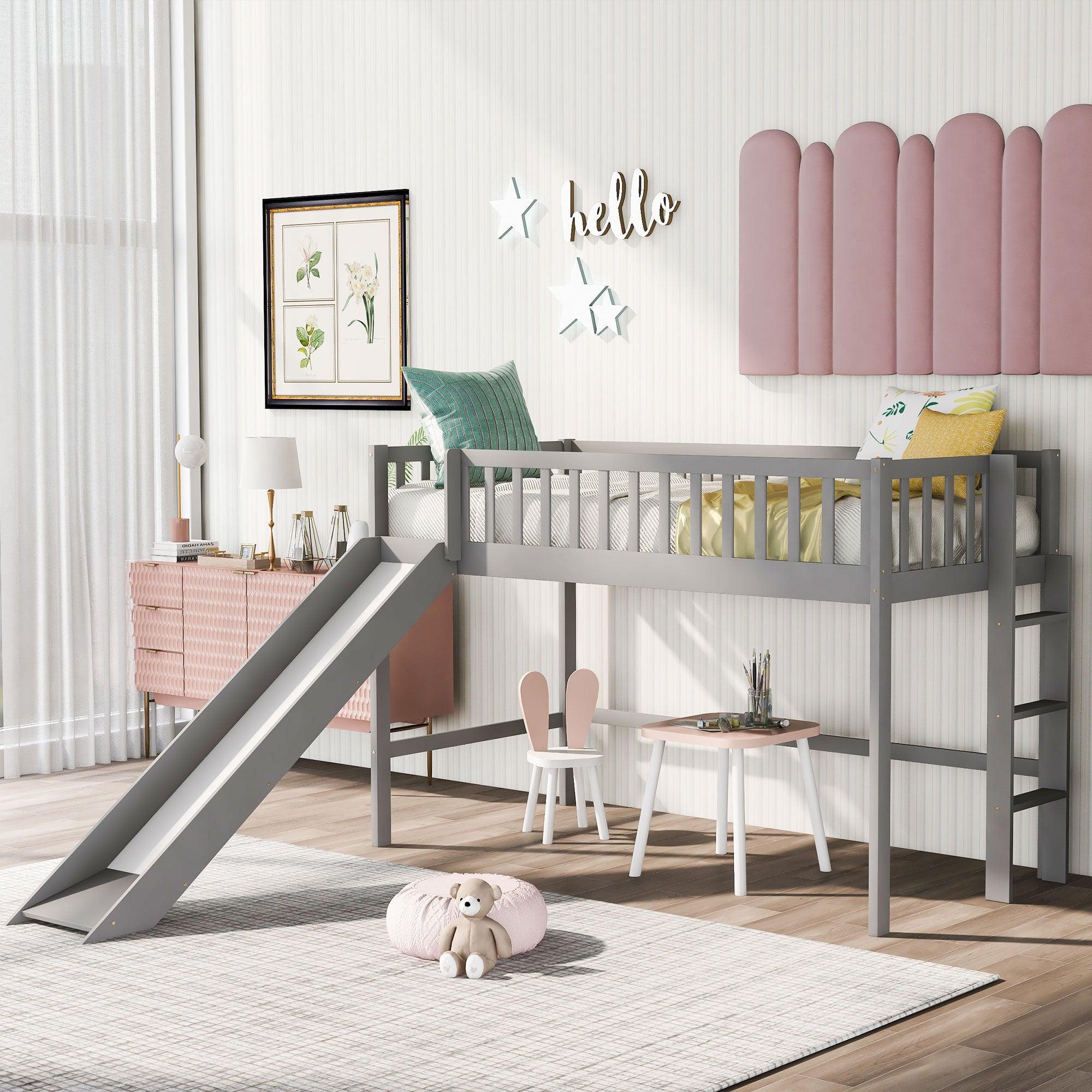 🆓🚛 Twin Size Low Loft Bed With Ladder & Slide, Gray