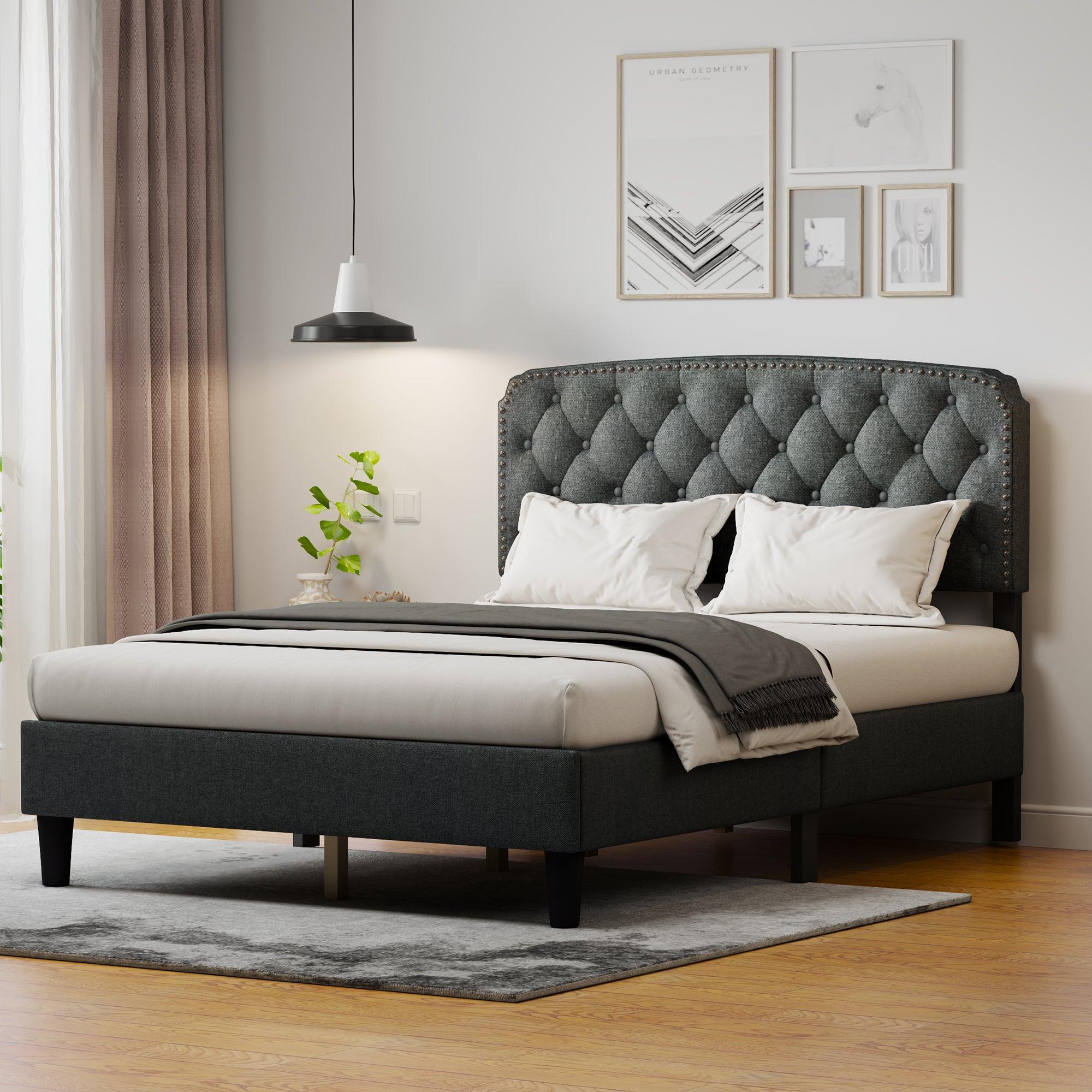 🆓🚛 Full Size Adjustable Headboard With Fine Linen Upholstery & Button Tufting for Bedroom, Wave Top Dark Gray