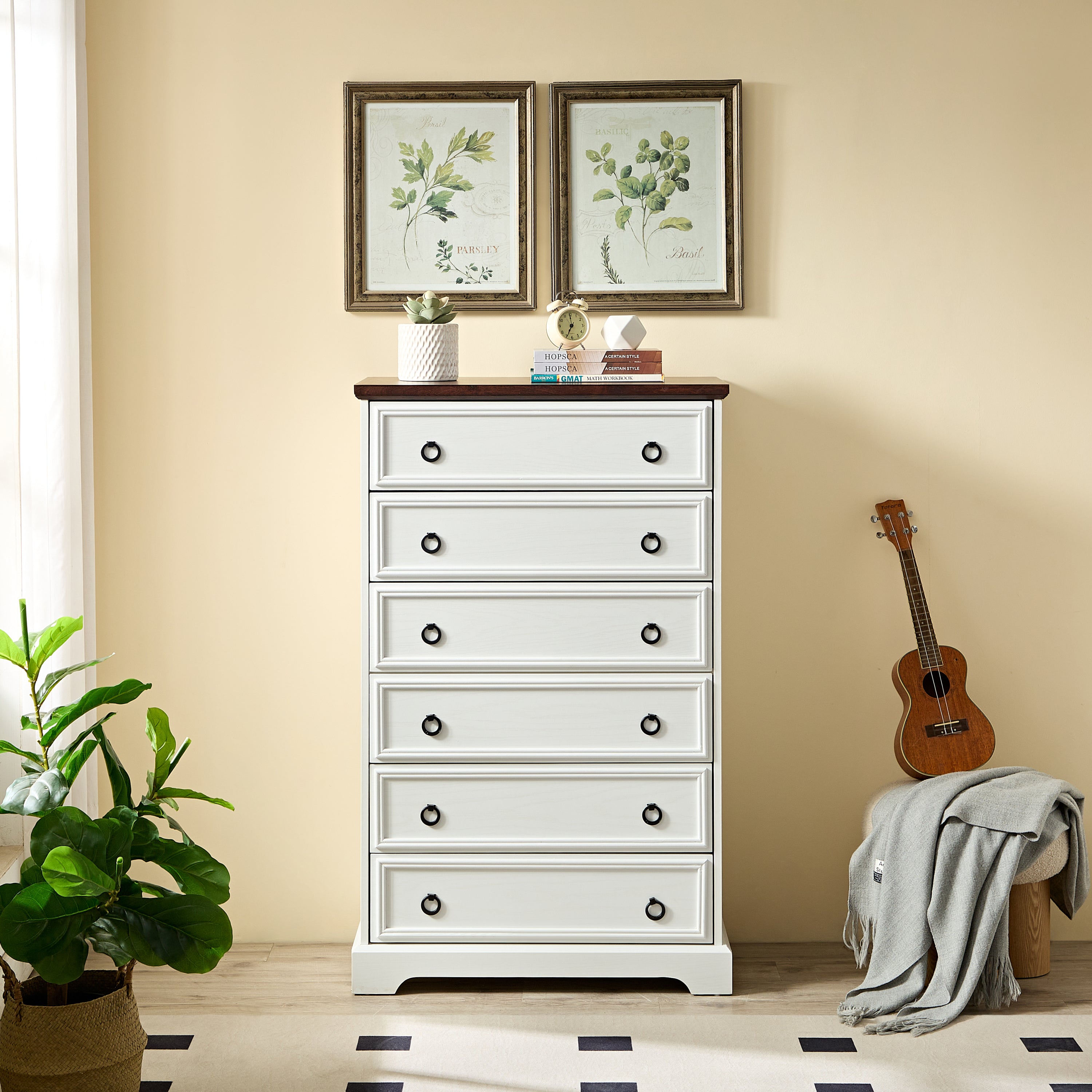 🆓🚛 Modern 6 Drawer Dresser, Dressers for Bedroom, Tall Chest of Drawers Closet Organizers & Storage Clothes - Easy Pull Handle, Textured Borders Living Room, Hallway, L 29.53''Xw15.75''Xh48.03''White