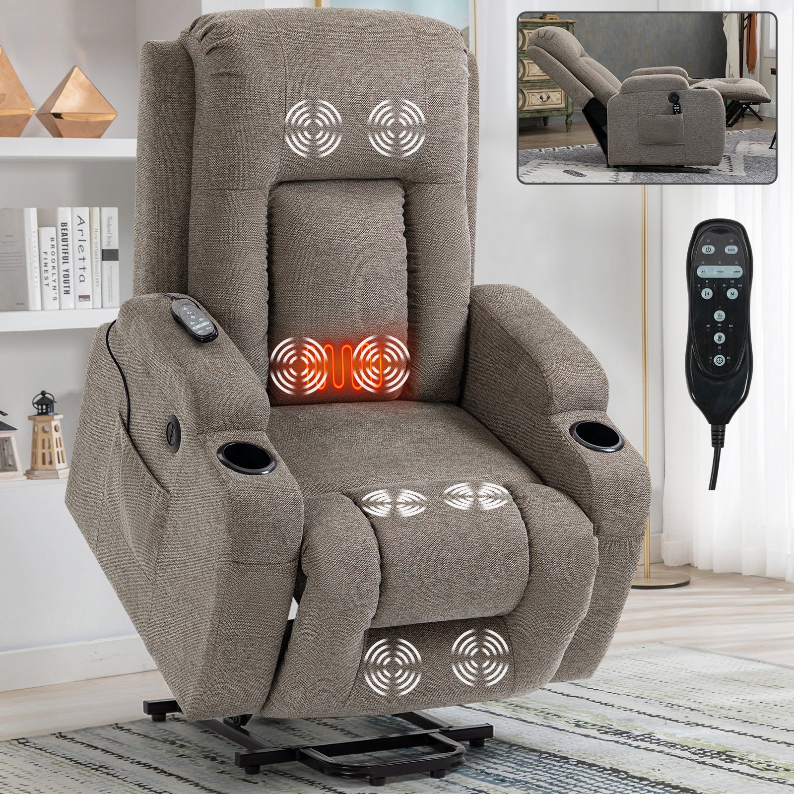 🆓🚛 Infinite Position Okin Motor Up To 350 Lbs Power Lift Recliner Chair for Elderly, Heavy Duty Motion Mechanism, 8-Point Vibration Massage and Lumbar Heating, USB Charging Port, Cup Holders, Brown