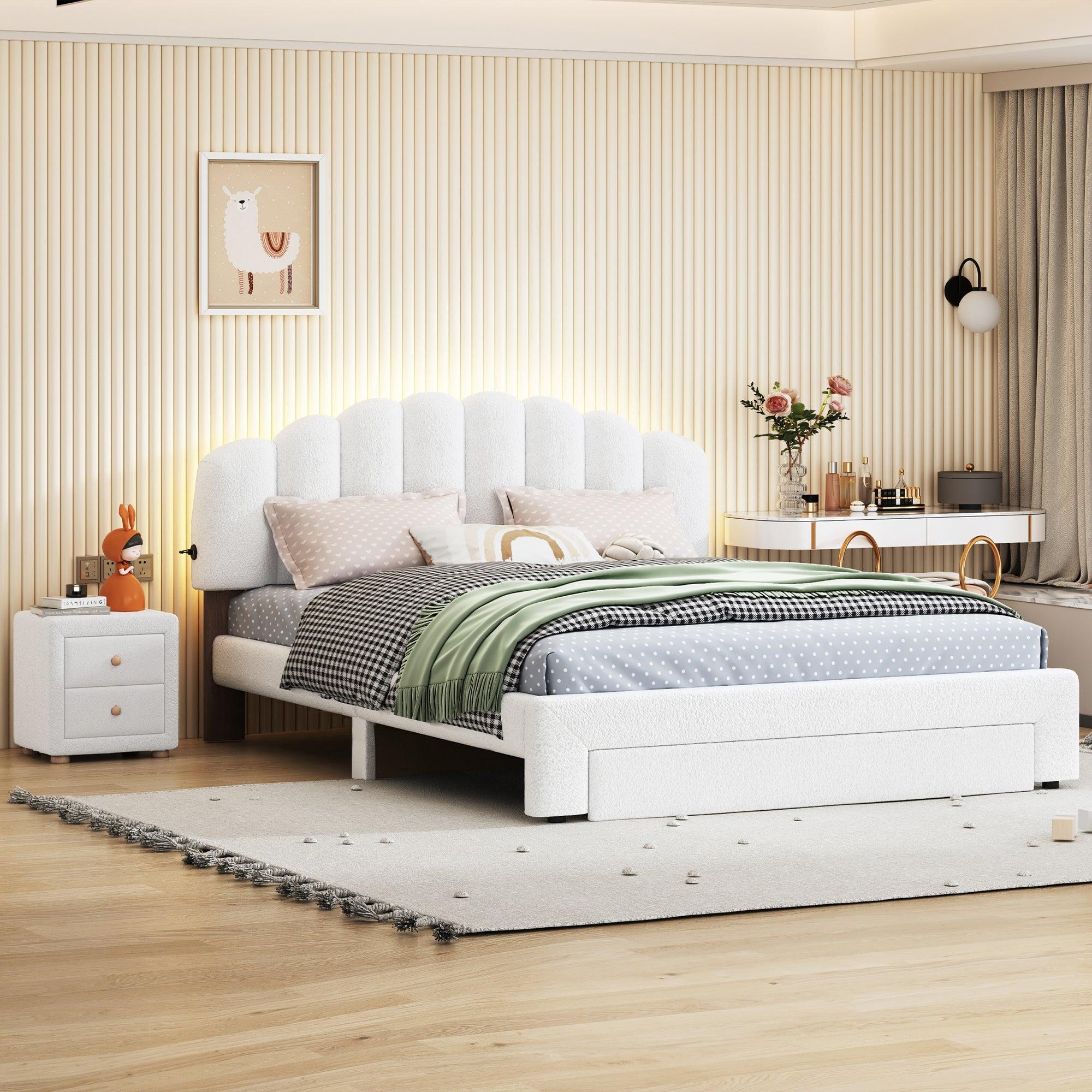 🆓🚛 Teddy Fleece Queen Size Upholstered Platform Bed With Nightstand, White