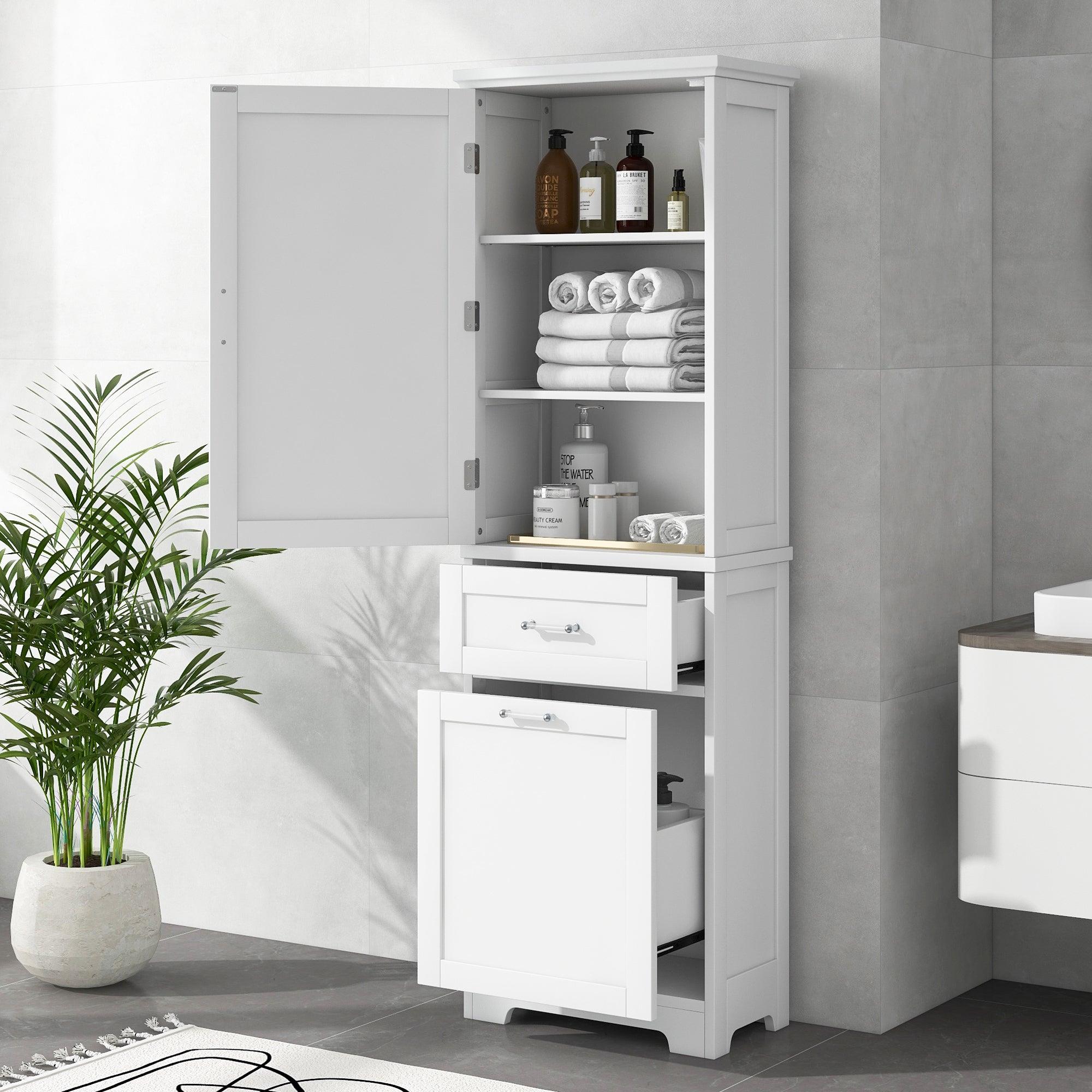 🆓🚛 Tall Bathroom Storage Cabinet, Freestanding Storage Cabinet With Two Different Size Drawers & Adjustable Shelf, Mdf Board With Painted Finish, White