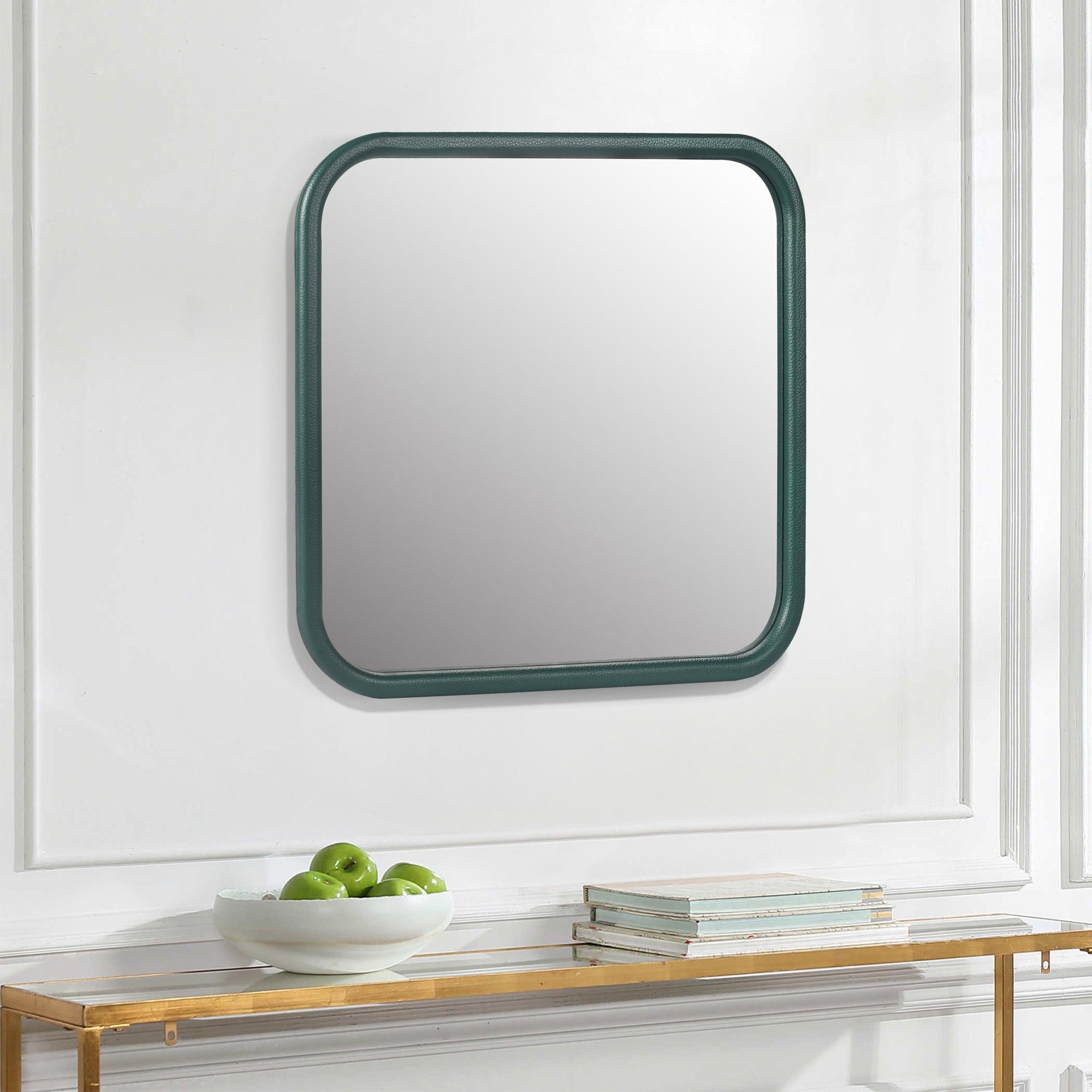 🆓🚛 Square Green Decorative Wall Hanging Mirror, Pu Covered Mdf Framed Mirror for Bedroom Living Room Vanity Entryway Wall Decor, 23.62X23.62"