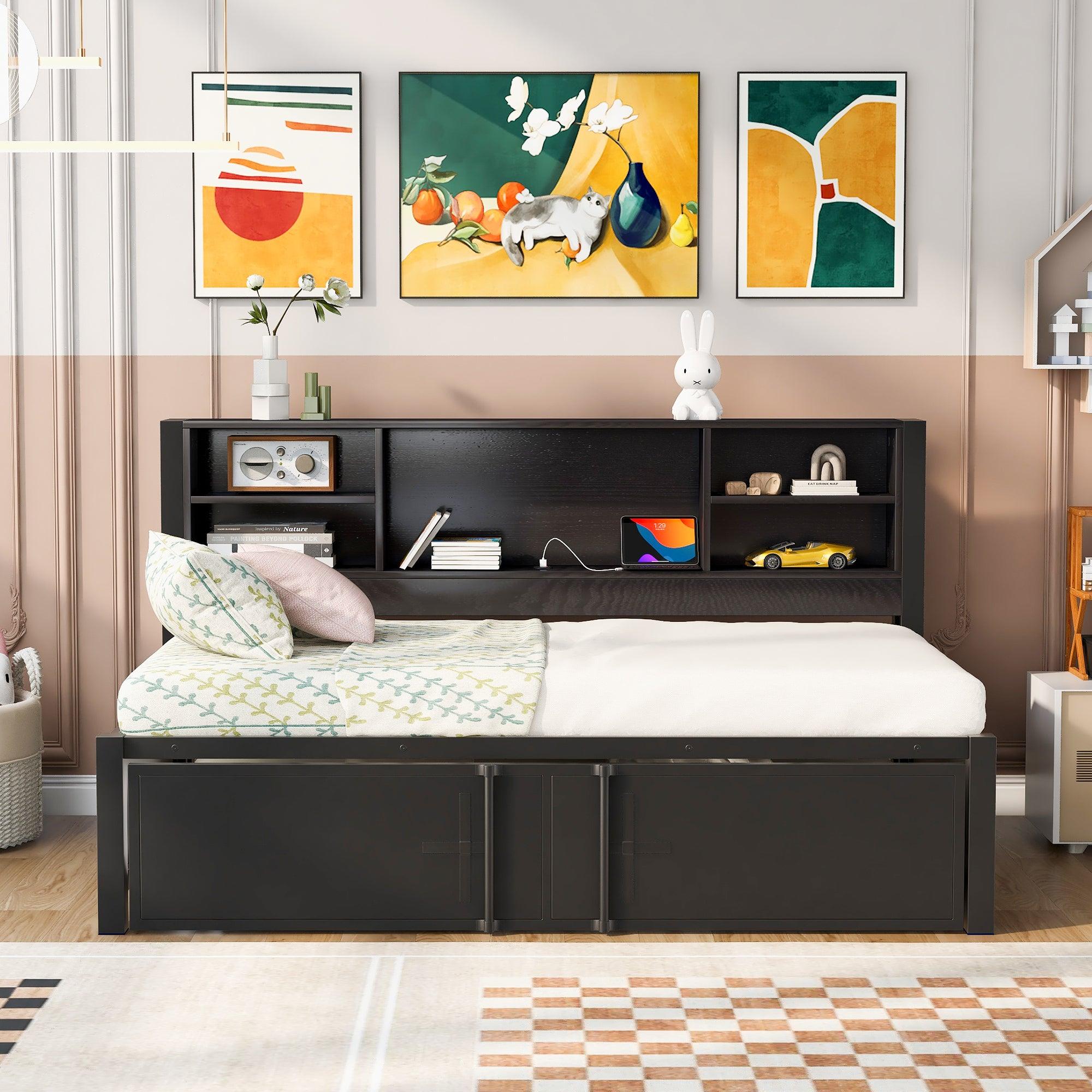 🆓🚛 Metal Twin Size Daybed With Twin Size Trundle, Storage Shelves & Usb Ports, Black